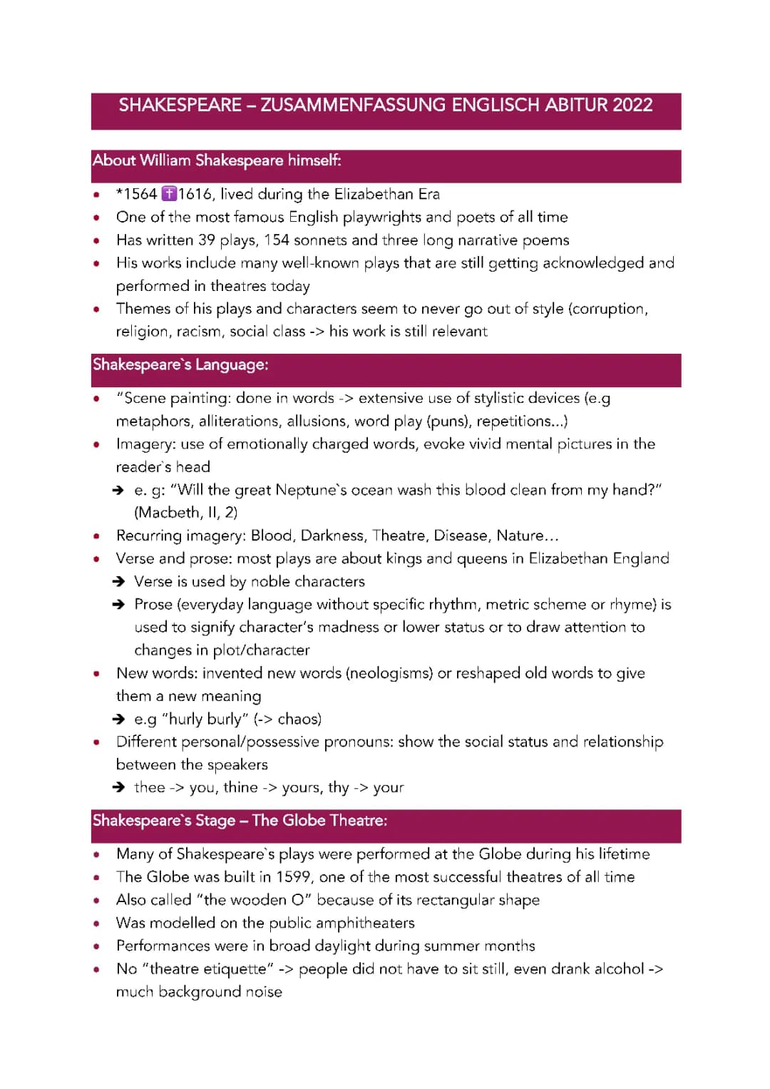 Shakespeare - Zusammenfassung (Abitur 2022 - RLP)