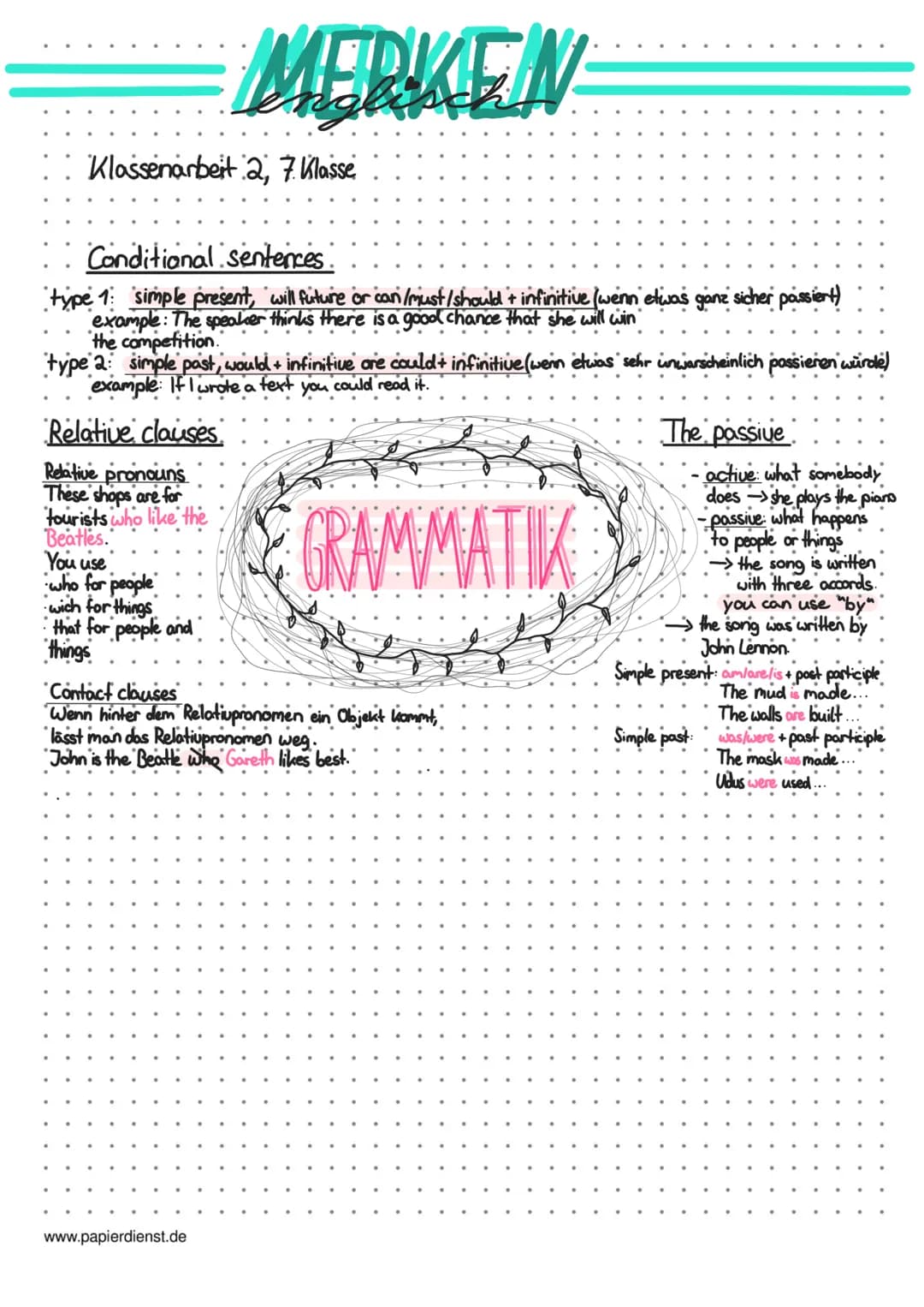Klassenarbeit 2, 7. Klasse
englisch
Conditional sentences.
type 1 simple present, will future or can/must/ should + infinitive (wenn etwas g