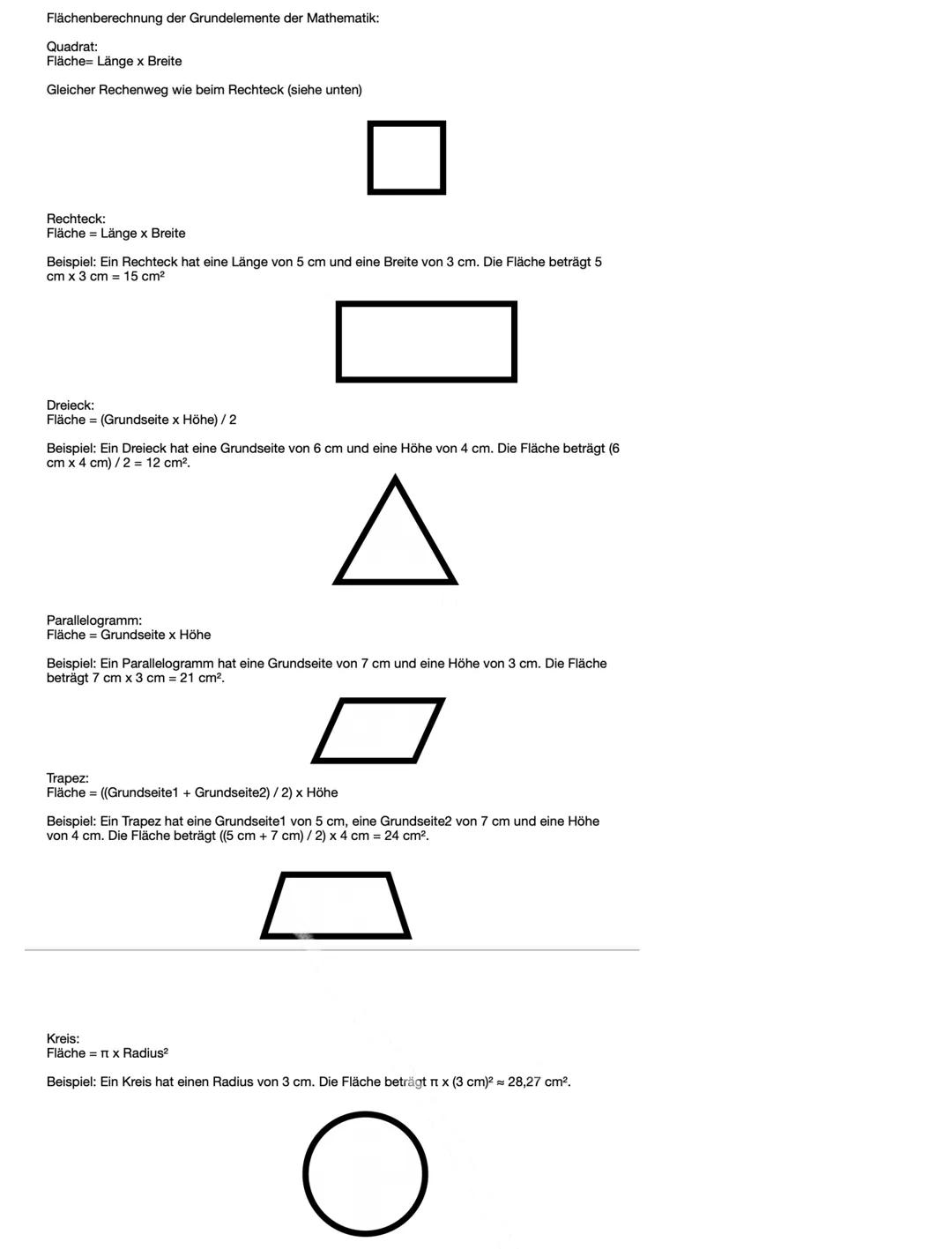 Flächenberechnung der Grundelemente der Mathematik:
Quadrat:
Fläche Länge x Breite
Gleicher Rechenweg wie beim Rechteck (siehe unten)
Rechte