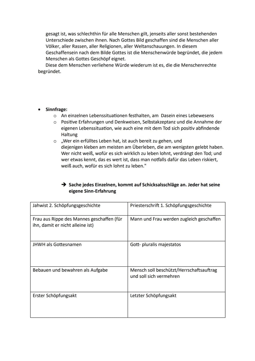 Religion Lernzettel Q3
Gottebenbildlichkeit:
●
O
O
Ist die biblische Grundlage der Menschenwürde
Auch Geschöpf Gottes = von Gott geschaffen,