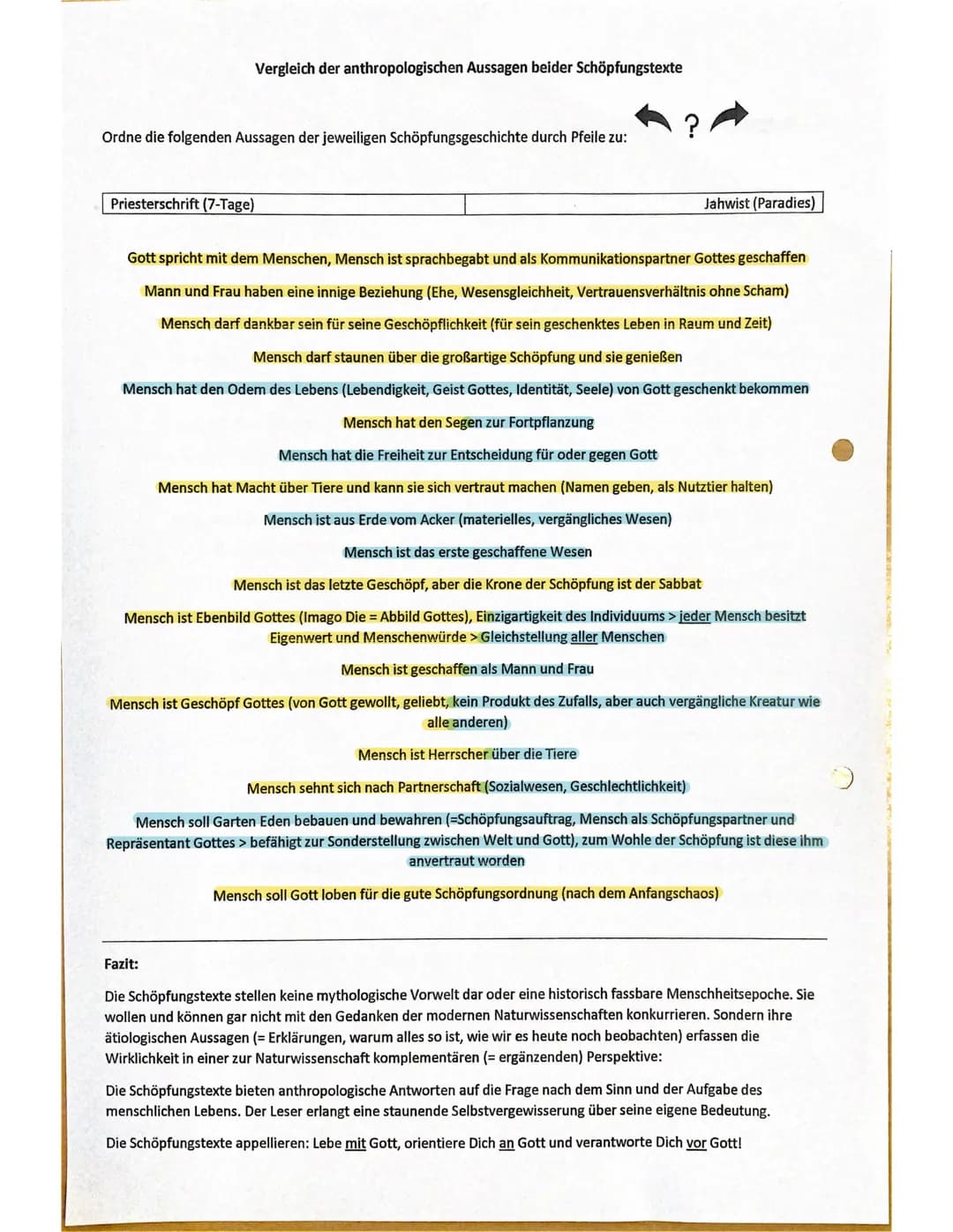 Religion Lernzettel Q3
Gottebenbildlichkeit:
●
O
O
Ist die biblische Grundlage der Menschenwürde
Auch Geschöpf Gottes = von Gott geschaffen,