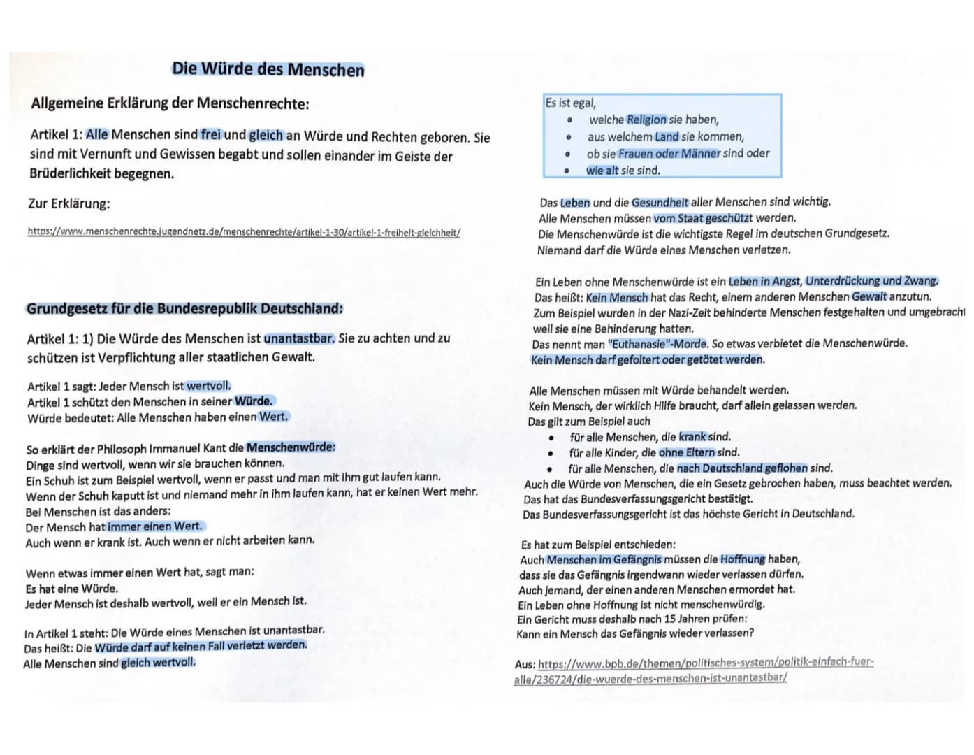 Religion Lernzettel Q3
Gottebenbildlichkeit:
●
O
O
Ist die biblische Grundlage der Menschenwürde
Auch Geschöpf Gottes = von Gott geschaffen,