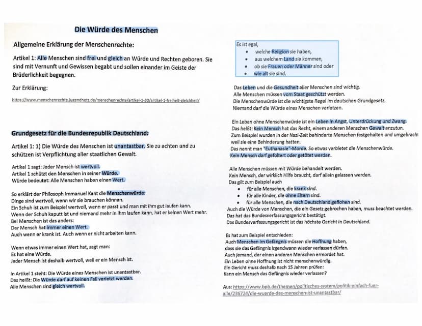 Religion Lernzettel Q3
Gottebenbildlichkeit:
●
O
O
Ist die biblische Grundlage der Menschenwürde
Auch Geschöpf Gottes = von Gott geschaffen,