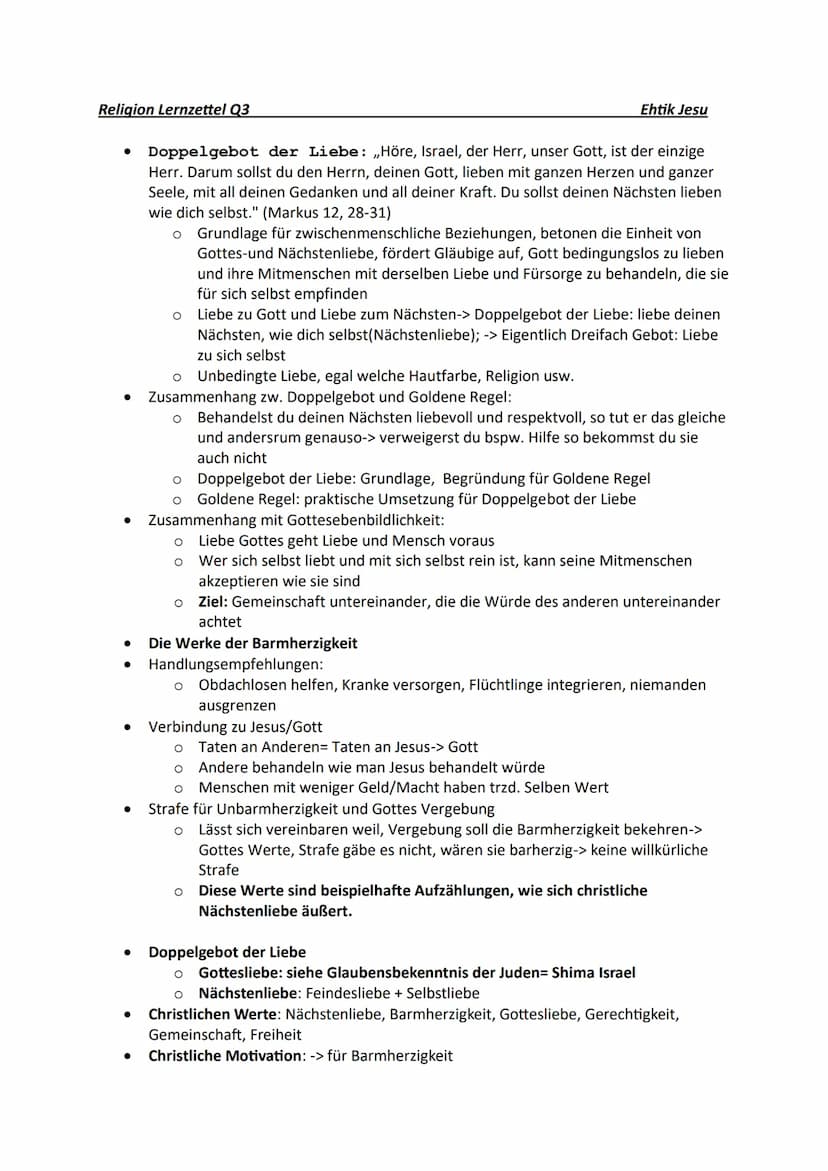 Religion Lernzettel Q3
Gottebenbildlichkeit:
●
O
O
Ist die biblische Grundlage der Menschenwürde
Auch Geschöpf Gottes = von Gott geschaffen,