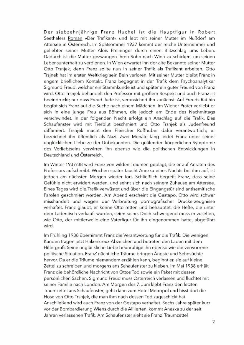 HANDOUT - DER TRAFIKANT
1. Historischer Kontext
2. Inhaltsangabe
3. Figurenkonstellation
4. Sprachliche Gestaltung
5. Erzählform & Erzählzei