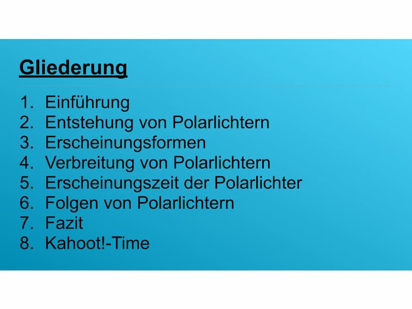 Abbildung 1: Polarlichter (sofatutor.de (2021): Seite 1)
Polarlichter - die Farbenpracht am Sternenhimmel
Aleandro lannuzzo Gliederung
1. Ei