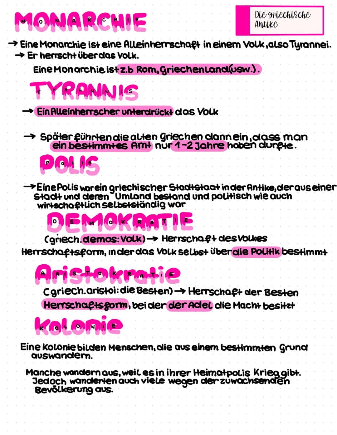 Die griechische
Antike
MONARCHIE
→ Eine Monarchie ist eine Alleinherrschaft in einem Volk, also Tyrannei.
→ Er herrscht über das Volk.
Eine 
