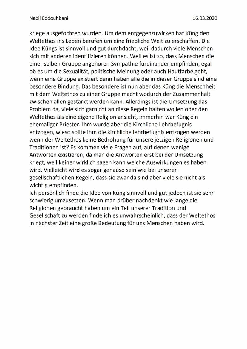 
<p>Hans Küng, geboren im Jahre 1928, ist ein Theologieprofessor und Präsident der "Stiftung Weltethos". Er führt an, dass Religionen eine w