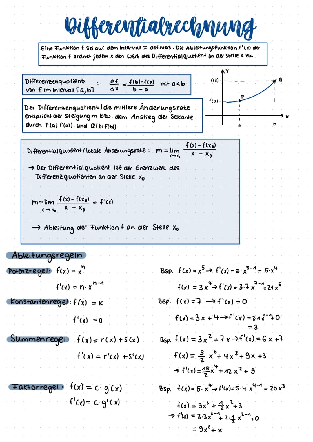 Differentialrechnung
Eine Funktion f sei auf dem Intervall I definiert. Die Ableitungsfunktion f'(x) der
Funktion f ordnet jedem x den wert 