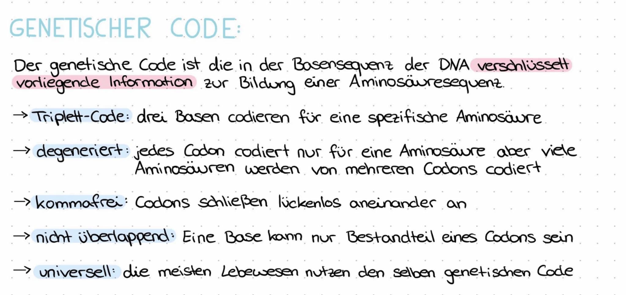 GENETISCHER CODE:
Der genetische Code ist die in der Basensequenz der DNA verschlüssett
vorliegende Information zur Bildung einer Aminosäure