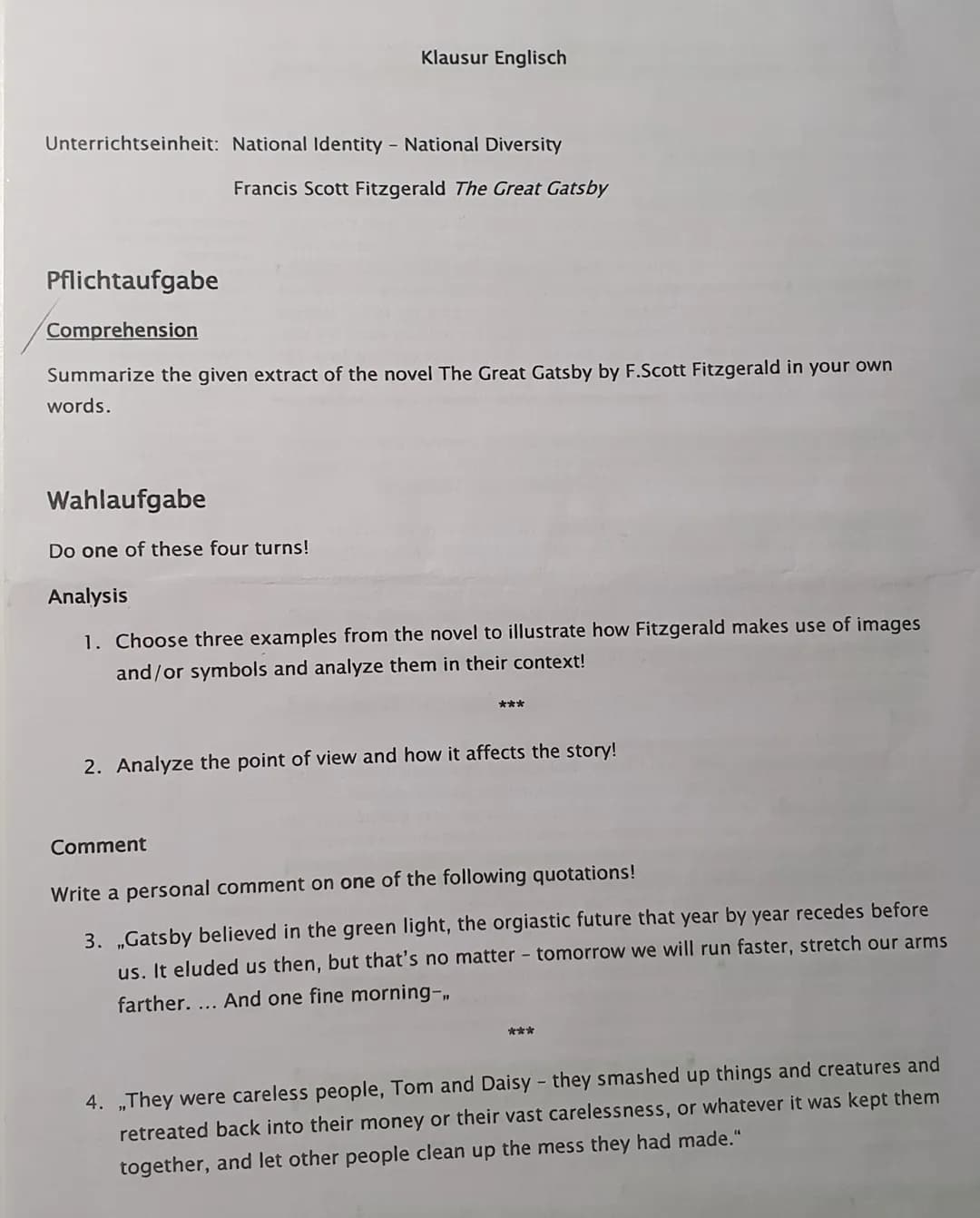Klausur Englisch
Unterrichtseinheit: National Identity - National Diversity
Francis Scott Fitzgerald The Great Gatsby
Pflichtaufgabe
Compreh