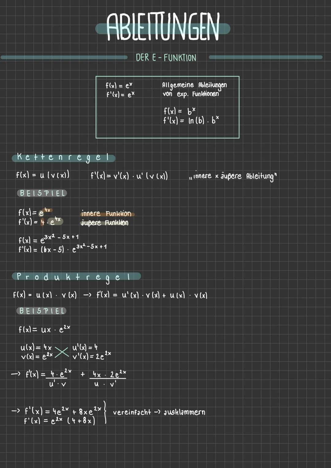 Kettenre
f(x) = u(v(x))
BEISPIEL
f(x) = e
f'(x) = 4. ex
4x
f(x) = ux.
C²x
ABLEITUNGEN
f(x) = ³x² - 5x + 1
f'(x) = (bx - 5) · ³x² −5x +1
f(x)