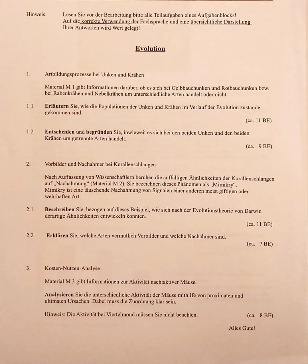 Evolution gA Klausur Klasse 13