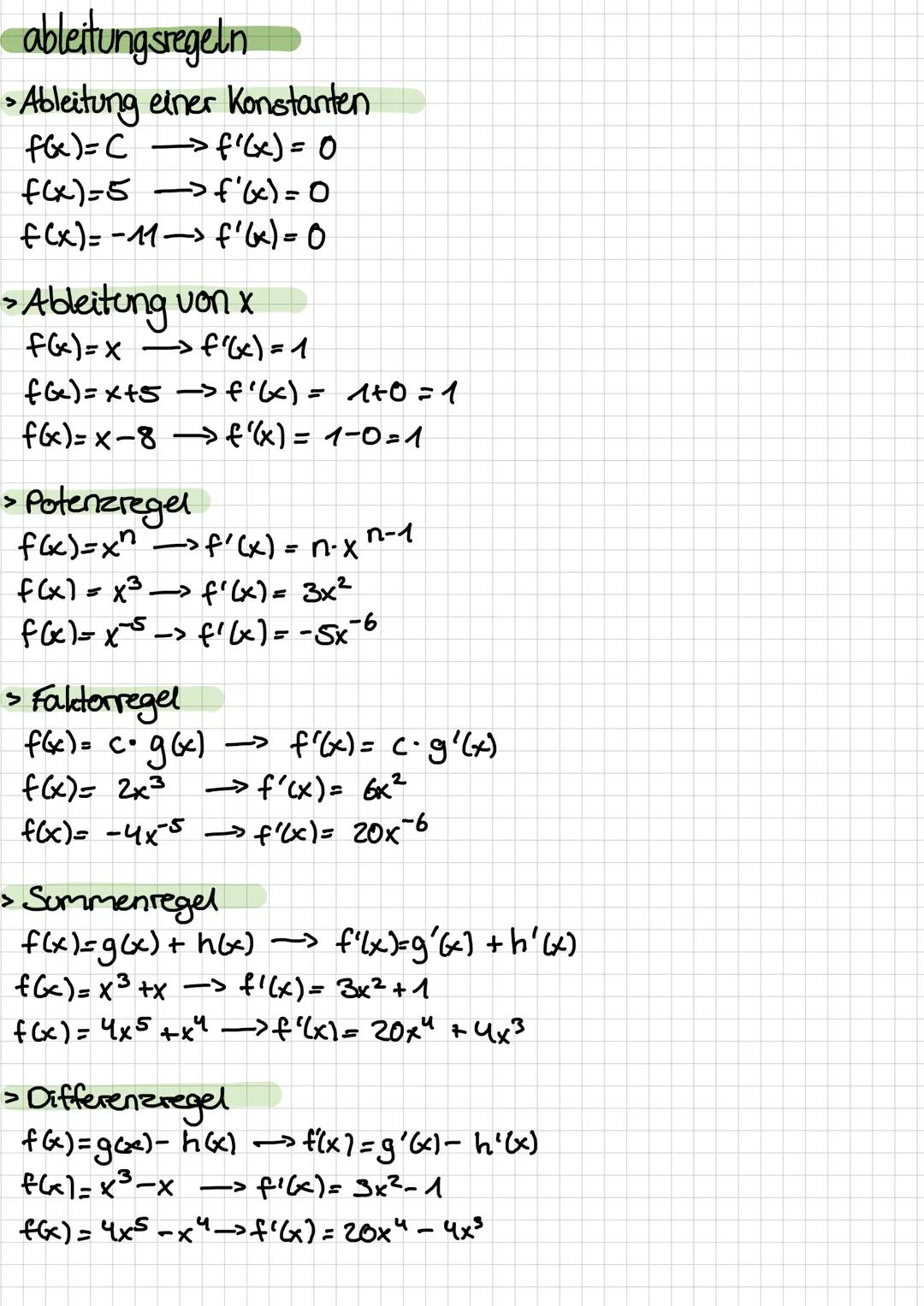 ableitungsregeln

> Ableitung einer Konstanten

f(x)=C$\rightarrow$f'(x) = 0

f(x)=5$\rightarrow$f'(x) = 0

f(x)=-11$\rightarrow$f'(x)= 0

>