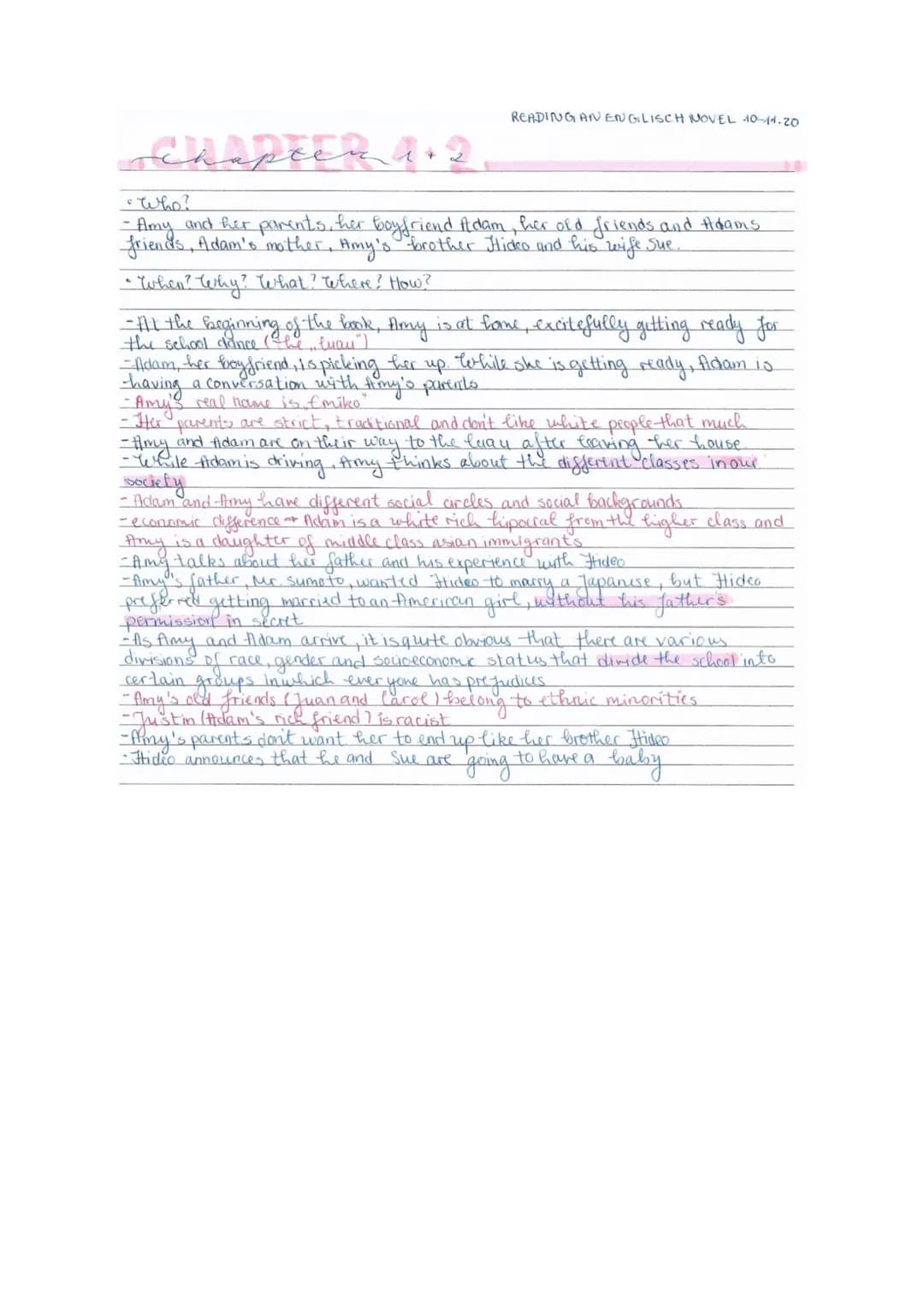 READING AN ENGLISCH NOVEL 10-11.20
chapten 1+2,
Who?
- Amy and her parents, her boyfriend Adam, her old friends and Adams
friends, Adam's mo