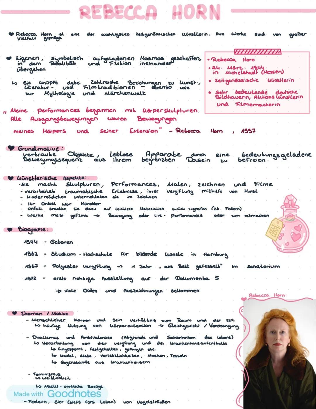 2021
# Rebecca Horn
Plastikanalyse/ Umraumanalyse
Kunst LK -Frau Bögeholz-
Made with Goodnotes # INHALTSANGABE

★Rebecca Horn

*   Grundmoti