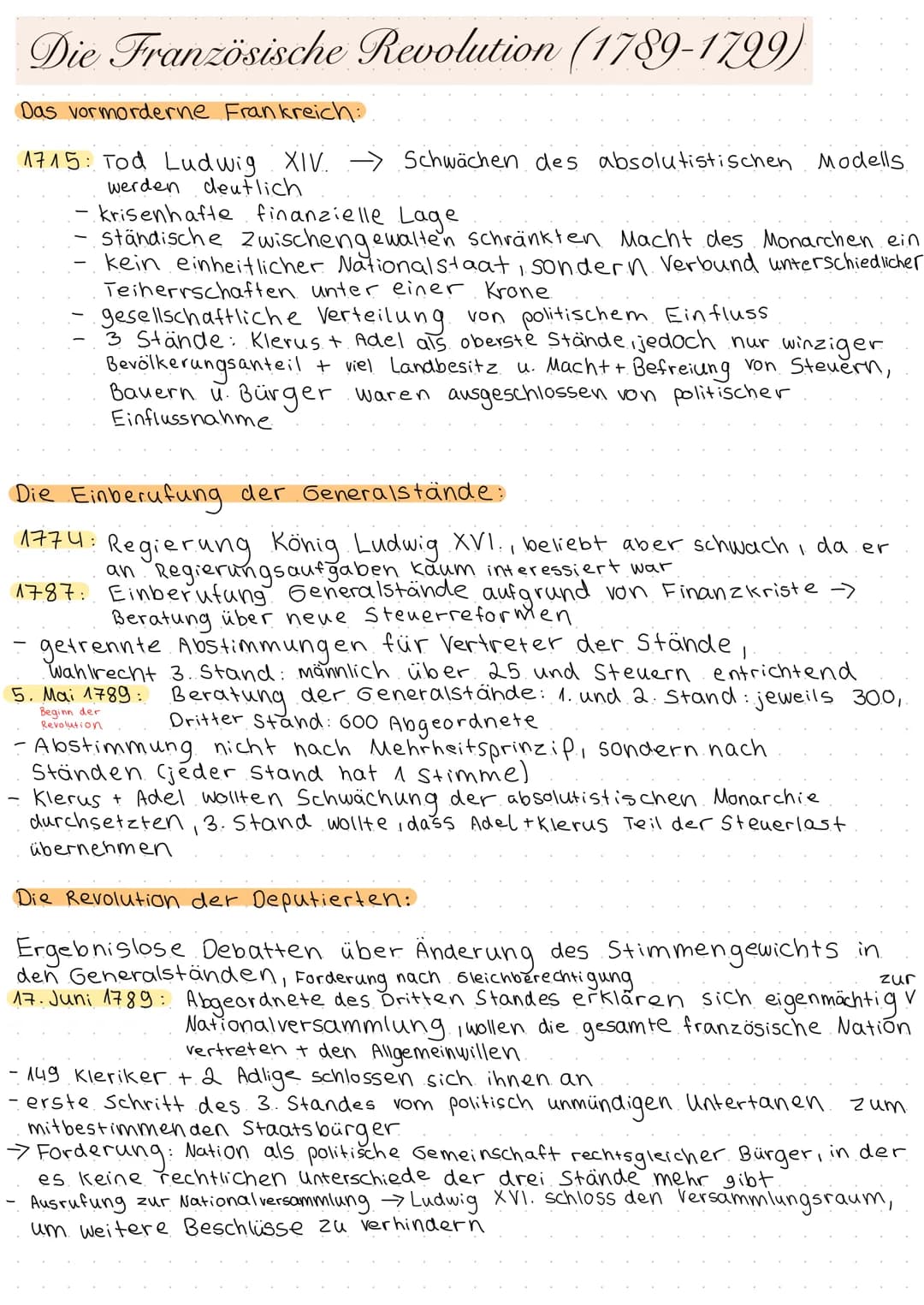 Die Französische Revolution (1789-1799)
Das vormorderne Frankreich:
1715: Tod Ludwig XIV.
werden deutlich
-krisenhafte finanzielle Lage
stän