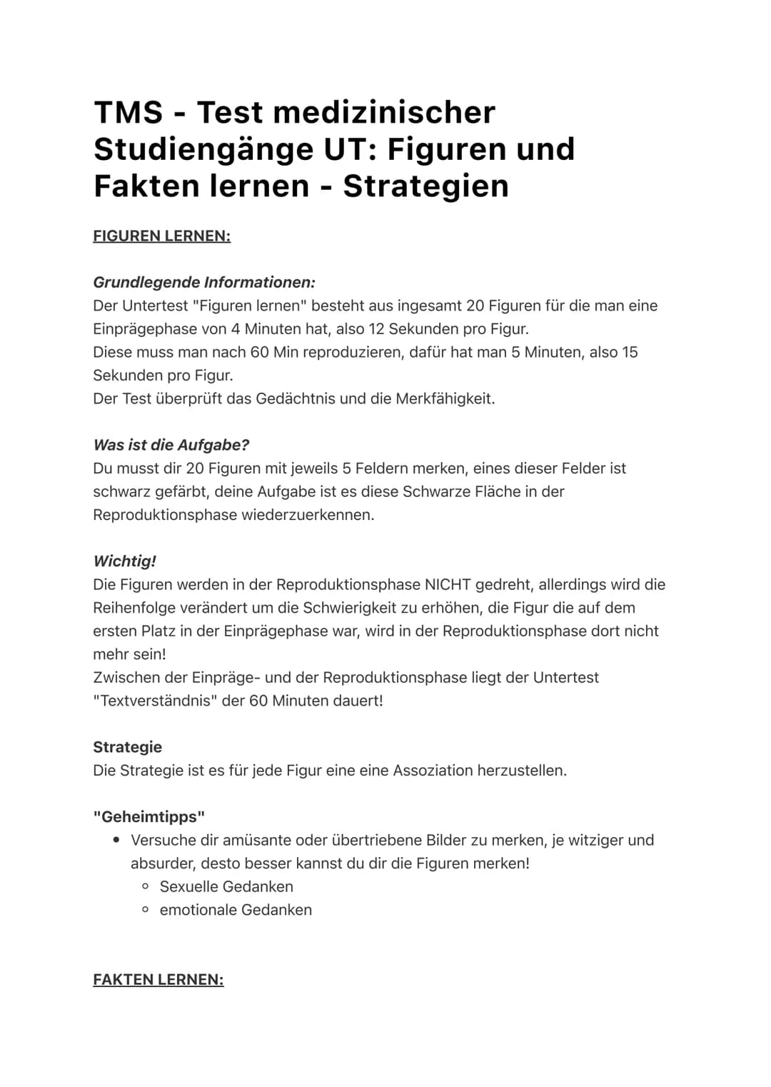 TMS Test medizinischer
Studiengänge UT: Figuren und
Fakten lernen - Strategien
FIGUREN LERNEN:
Grundlegende Informationen:
Der Untertest "Fi