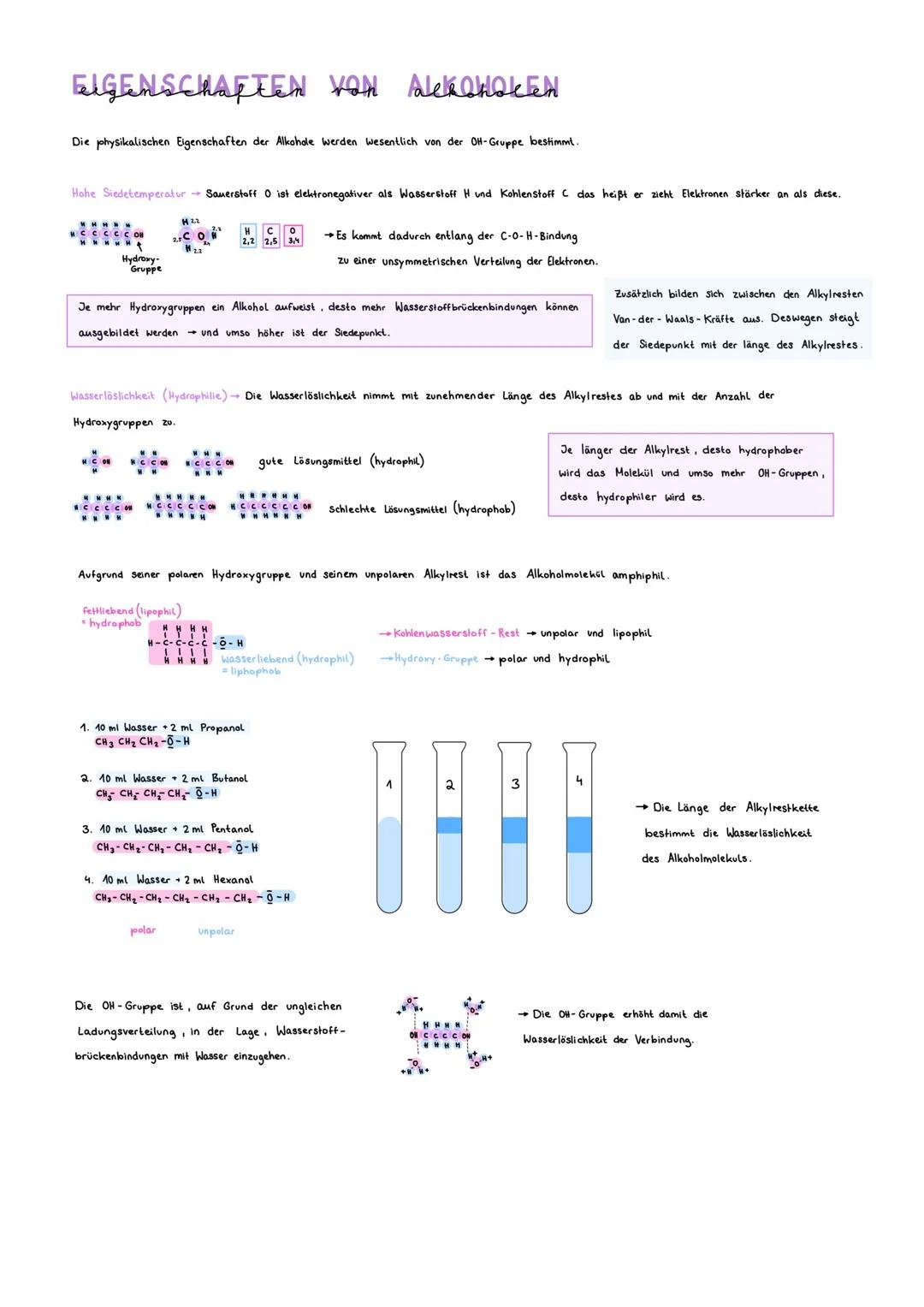 EIGENSCHAFTEN von AlkohoLEN
Die physikalischen Eigenschaften der Alkohole werden wesentlich von der OH-Gruppe bestimmt.
Hohe Siedetemperatur