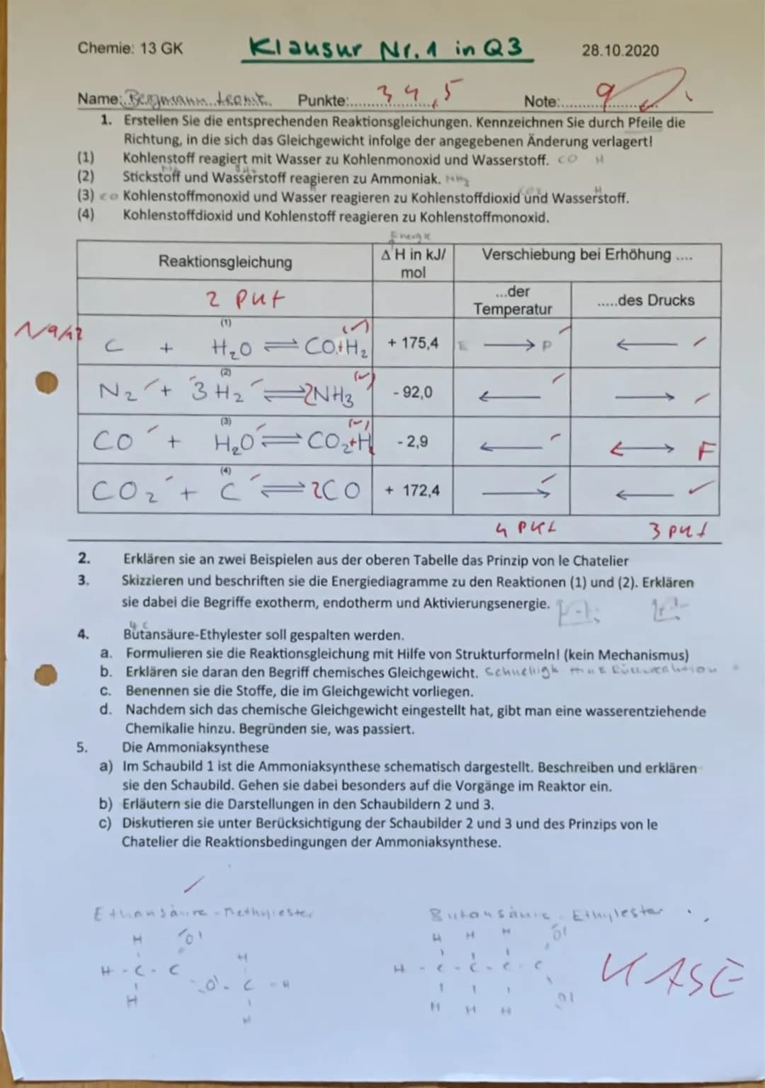 Chemie: 13 GK
28.10.2020
Name: Begman..terast.. Punkte: 345
Note:.......
92
1. Erstellen Sie die entsprechenden Reaktionsgleichungen. Kennze