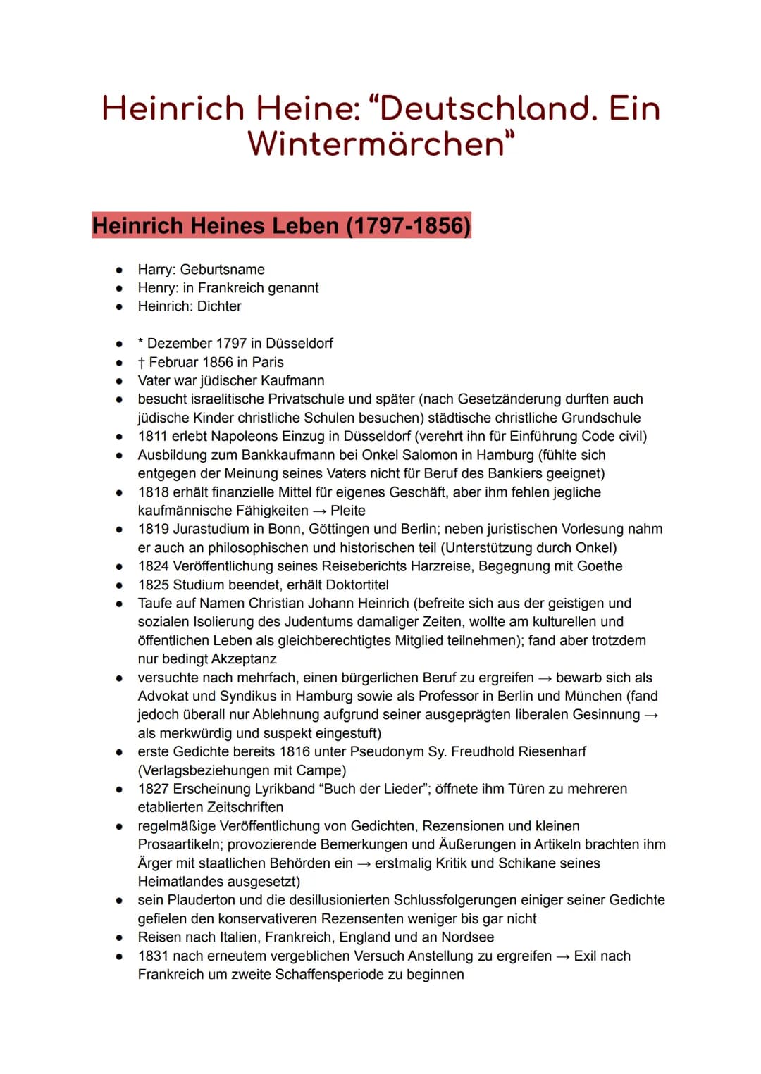 Heinrich Heine: "Deutschland. Ein
Heinrich Heines Leben (1797-1856)
● Harry: Geburtsname
• Henry: in Frankreich genannt
Heinrich: Dichter
●
