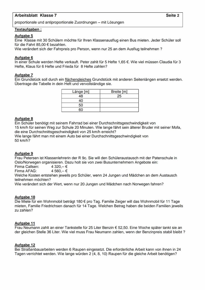 Arbeitsblatt Klasse 7
proportionale und antiproportionale Zuordnungen - mit Lösungen
Aufgabe 1
Ergänze die Tabelle
a.) antiproportionale Zuo