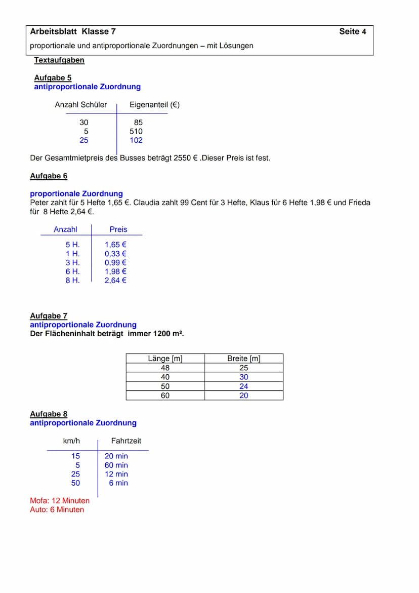 Arbeitsblatt Klasse 7
proportionale und antiproportionale Zuordnungen - mit Lösungen
Aufgabe 1
Ergänze die Tabelle
a.) antiproportionale Zuo