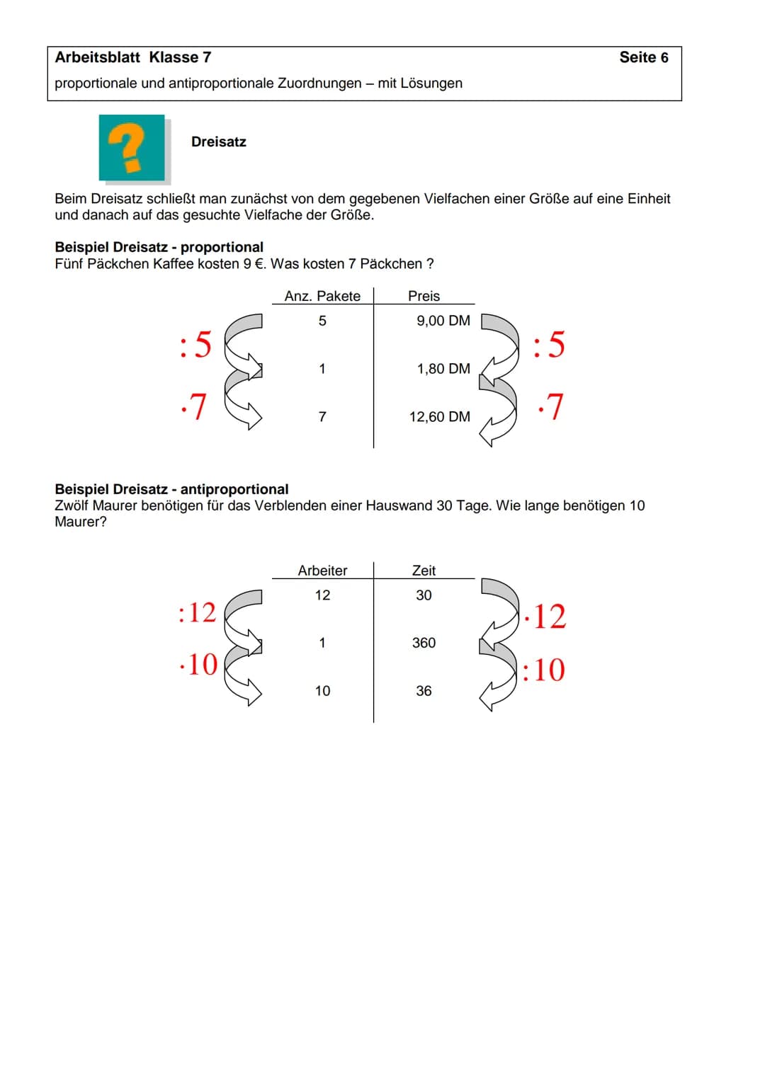 Arbeitsblatt Klasse 7
proportionale und antiproportionale Zuordnungen - mit Lösungen
Aufgabe 1
Ergänze die Tabelle
a.) antiproportionale Zuo