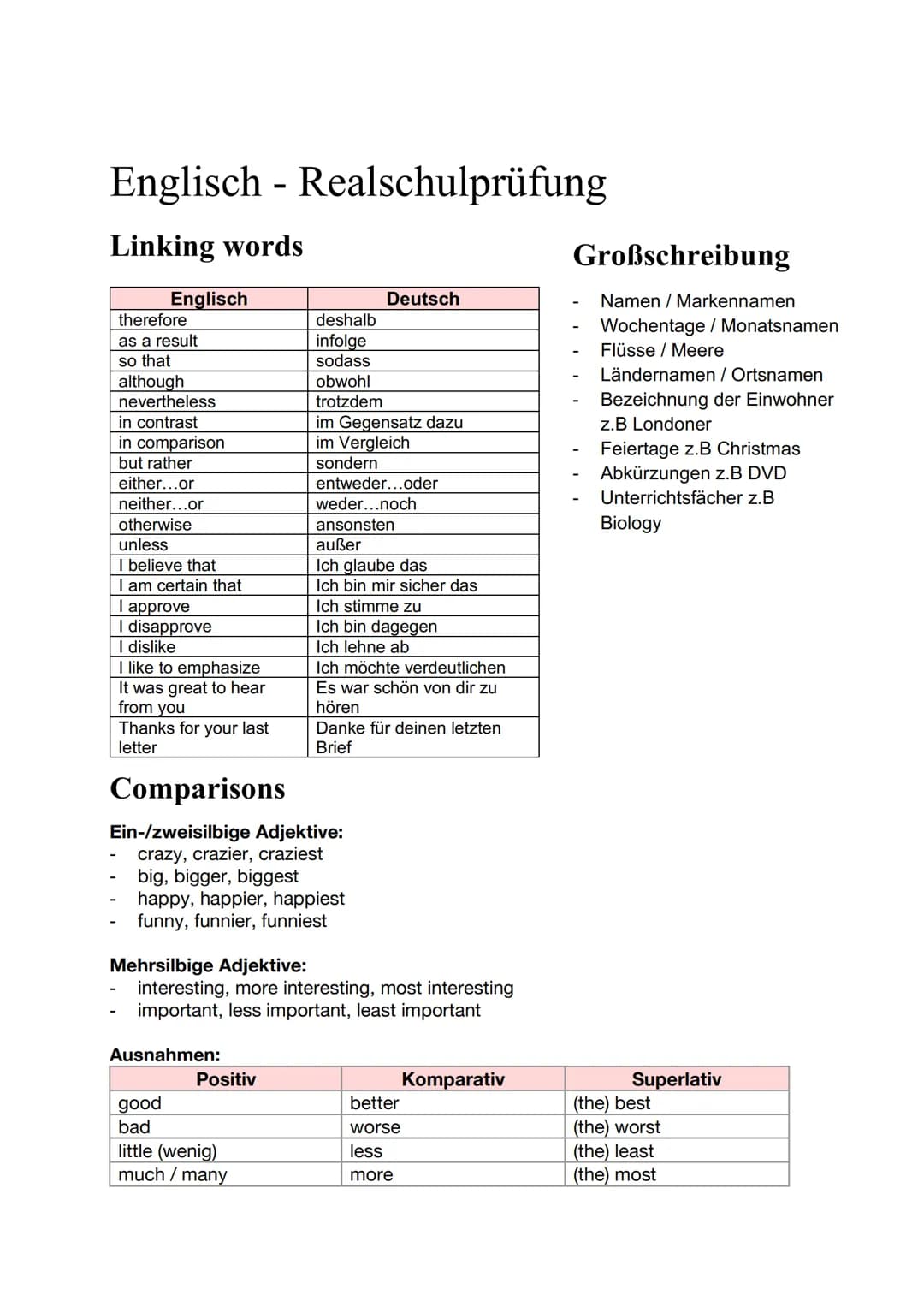--- OCR Start ---
Englisch - Realschulprüfung
Linking words
Comparisons
Englisch
Deutsch
therefore
deshalb
as a result
infolge
so that
sodas