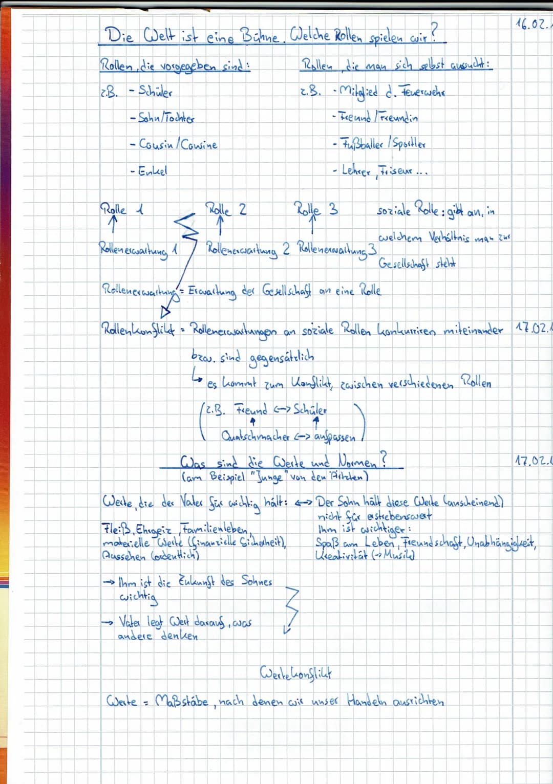 Die Welt ist eine Bühne. Welche Rollen spielen wir
?
Rollen, die vorgegeben sind:
2.B. - Schüler
-Sohn/Tochter
- Cousin /Cousine
-Enkel
Roll