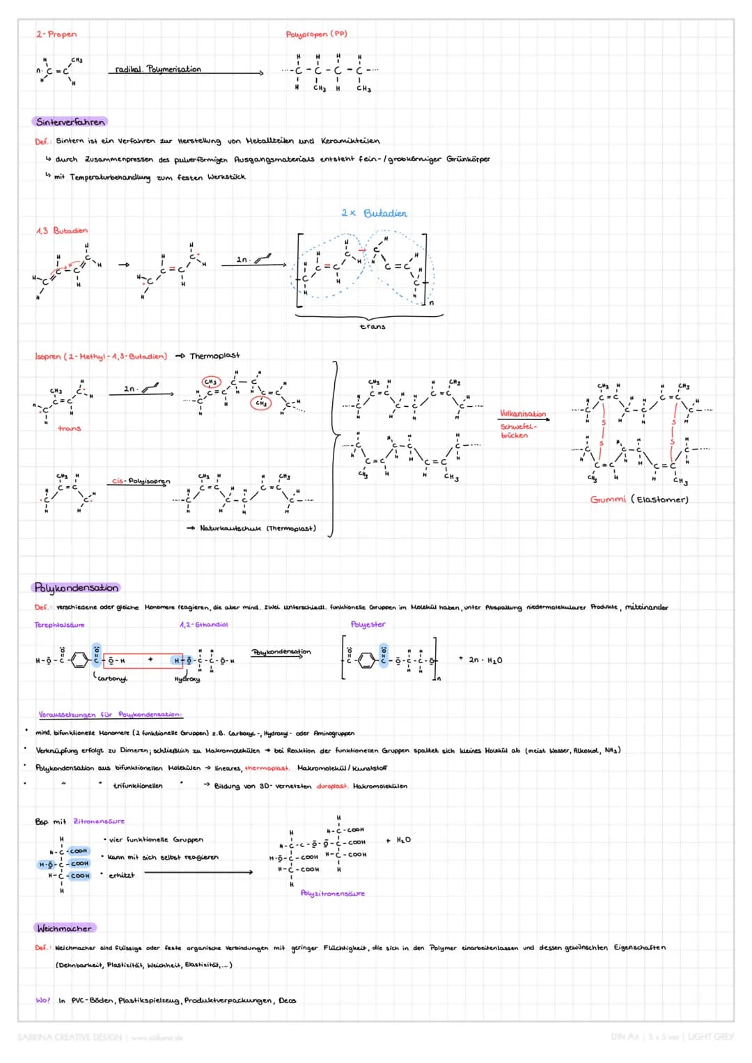 Chemie Lernzettel
Kunststoffe
Def.: Als Kunststoff oder Plaste bezeichnet man einen Wertstoff, der im Wesentlichen aus makromolekularen Verb