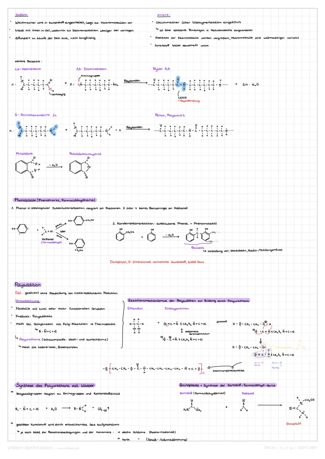 Chemie Lernzettel
Kunststoffe
Def.: Als Kunststoff oder Plaste bezeichnet man einen Wertstoff, der im Wesentlichen aus makromolekularen Verb