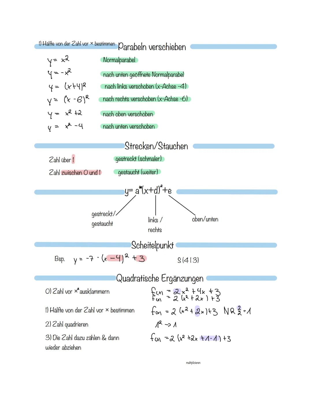 1) Hälfte von der Zahl vor × bestimmen Parabeln verschieben
x2
Y=
y=-x²
4 = (x+412
y = (x-6) ²
Y = +2 +2
+² -4
4
Zahl über !
Zahl zwischen O