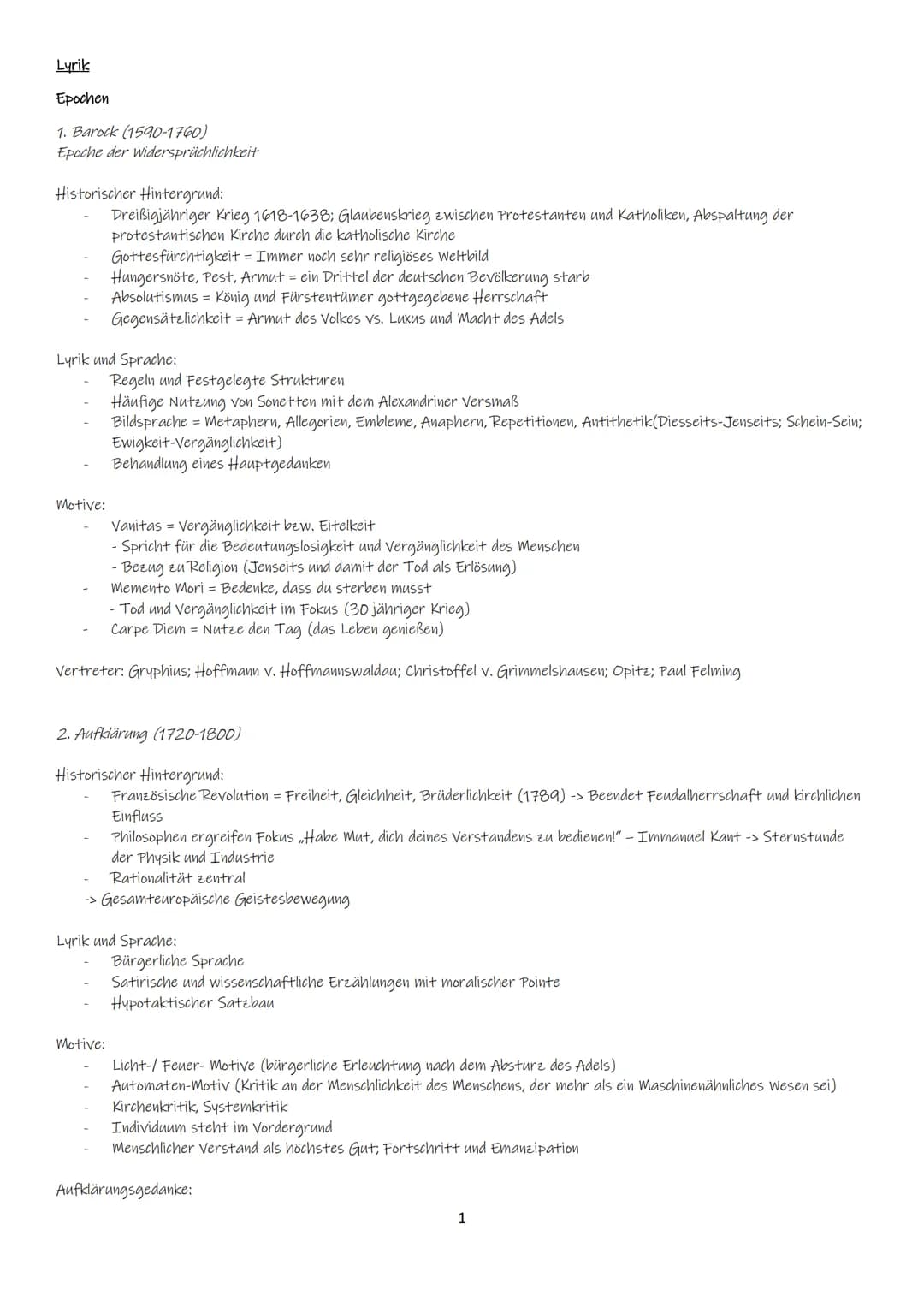 Lyrik
Epochen
1. Barock (1590-1760)
Epoche der Widersprüchlichkeit
Historischer Hintergrund:
Dreißigjähriger Krieg 1618-1638; Glaubenskrieg 