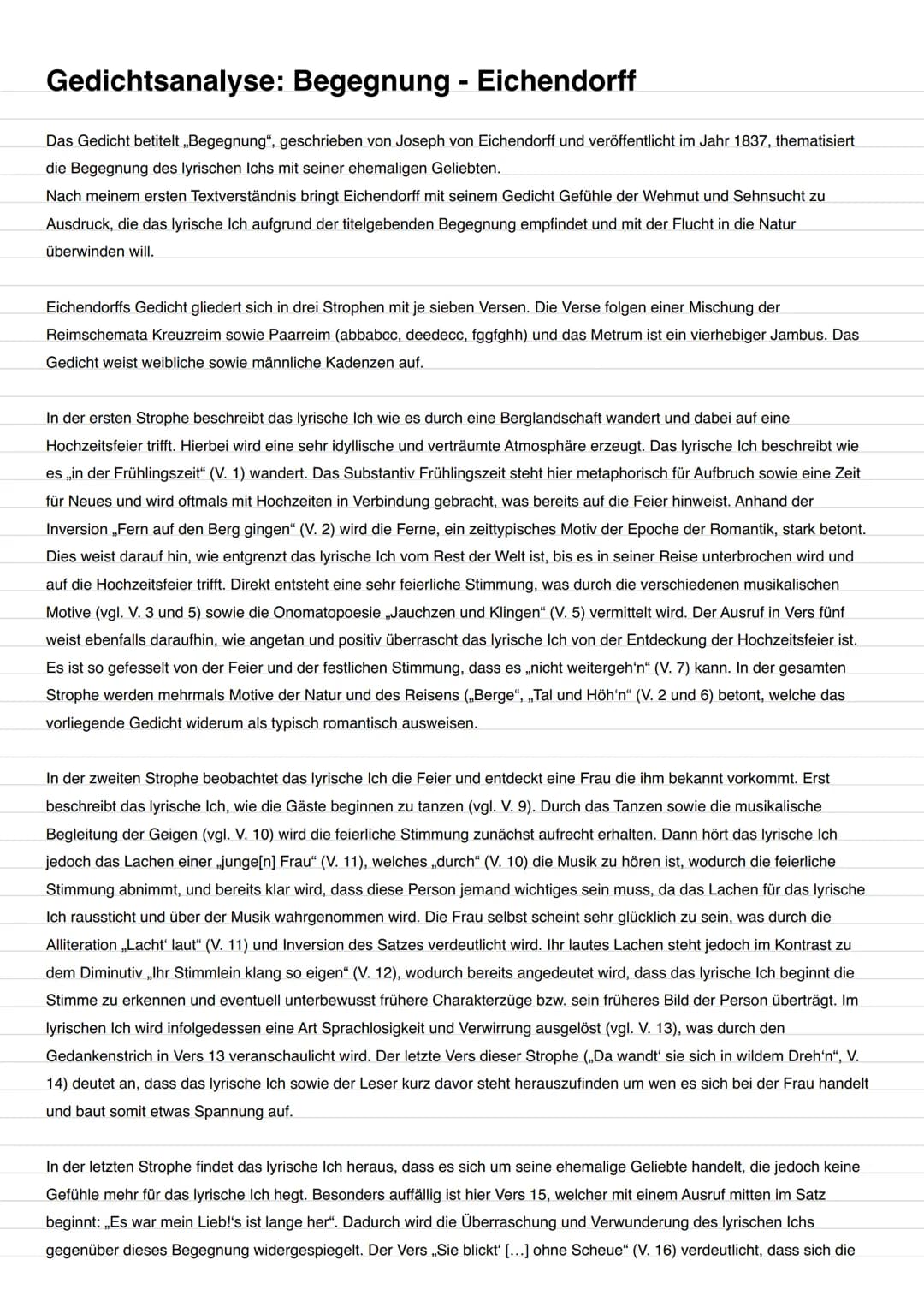 Gedichtsanalyse: Begegnung - Eichendorff
Das Gedicht betitelt „Begegnung", geschrieben von Joseph von Eichendorff und veröffentlicht im Jahr