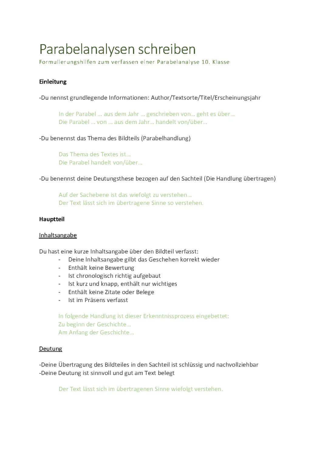 Parabelanalyse schreiben Formulierungshilfen