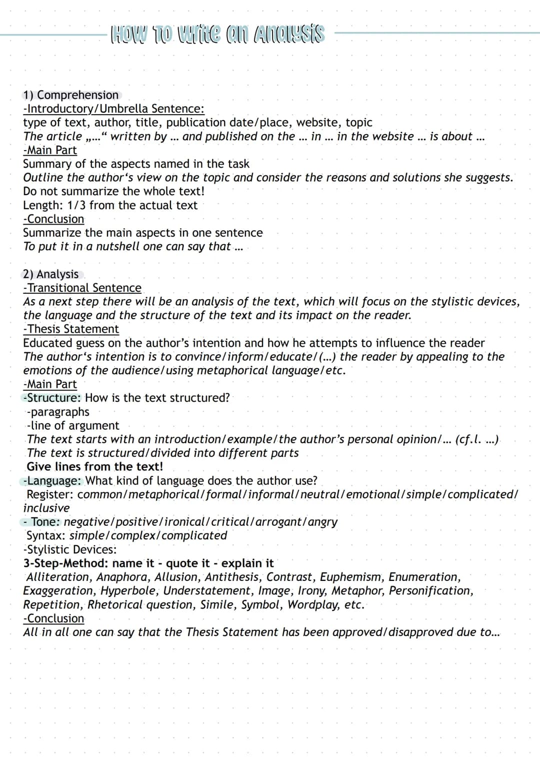 HOW TO Witte an analysis
1) Comprehension
-Introductory/Umbrella Sentence:
type of text, author, title, publication date/place, website, top