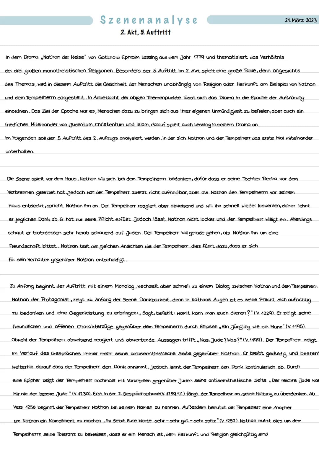 Szenenanalyse
2. Akt, 5. Auftritt
unterhalten.
21. März 2023
In dem Drama ,,Nathan der Weise" von Gotthold Ephraim Lessing aus dem Jahr 1779