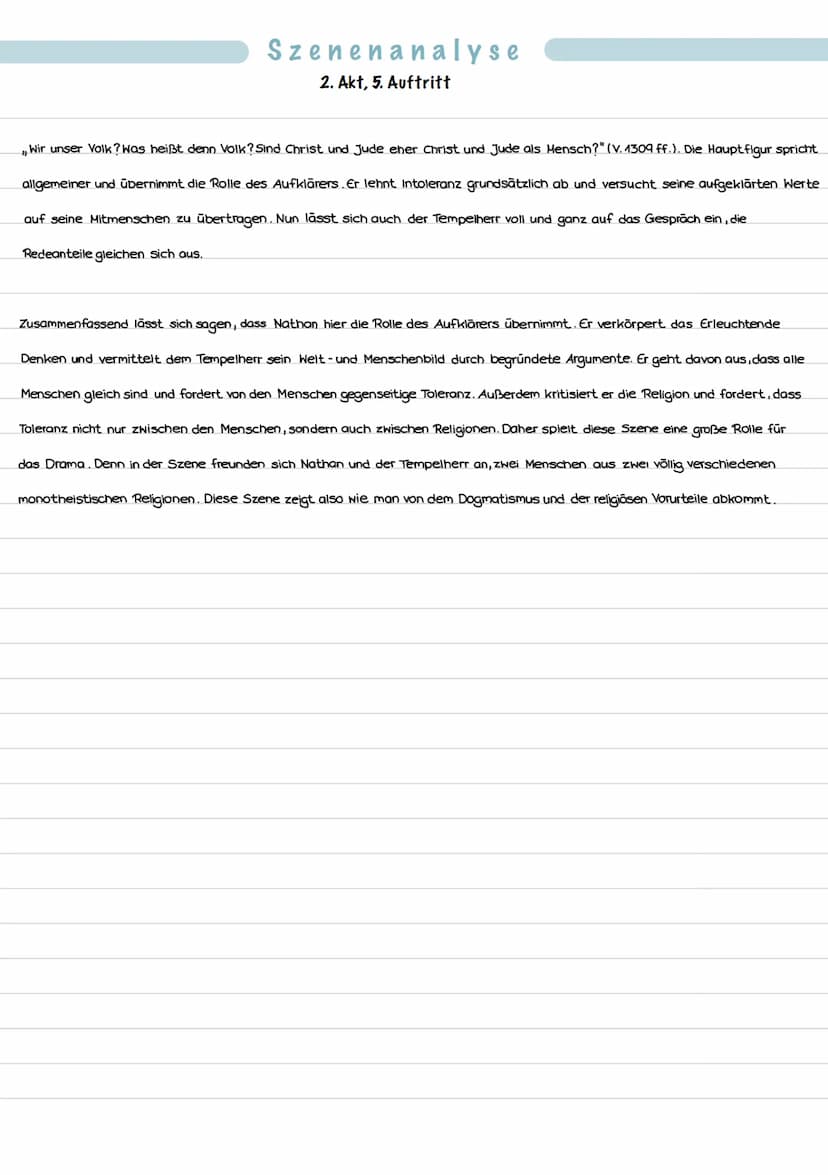 Szenenanalyse
2. Akt, 5. Auftritt
unterhalten.
21. März 2023
In dem Drama ,,Nathan der Weise" von Gotthold Ephraim Lessing aus dem Jahr 1779