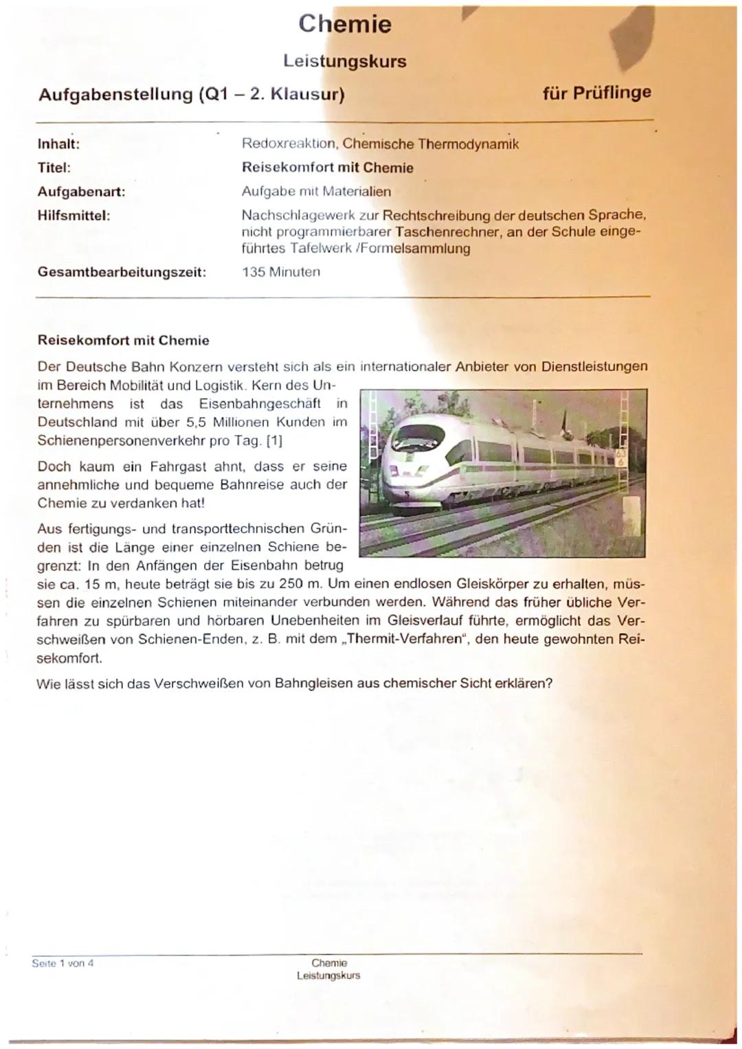 Aufgabenstellung (Q1 - 2. Klausur)
Inhalt:
Titel:
Aufgabenart:
Hilfsmittel:
Gesamtbearbeitungszeit:
Chemie
Leistungskurs
Redoxreaktion, Chem