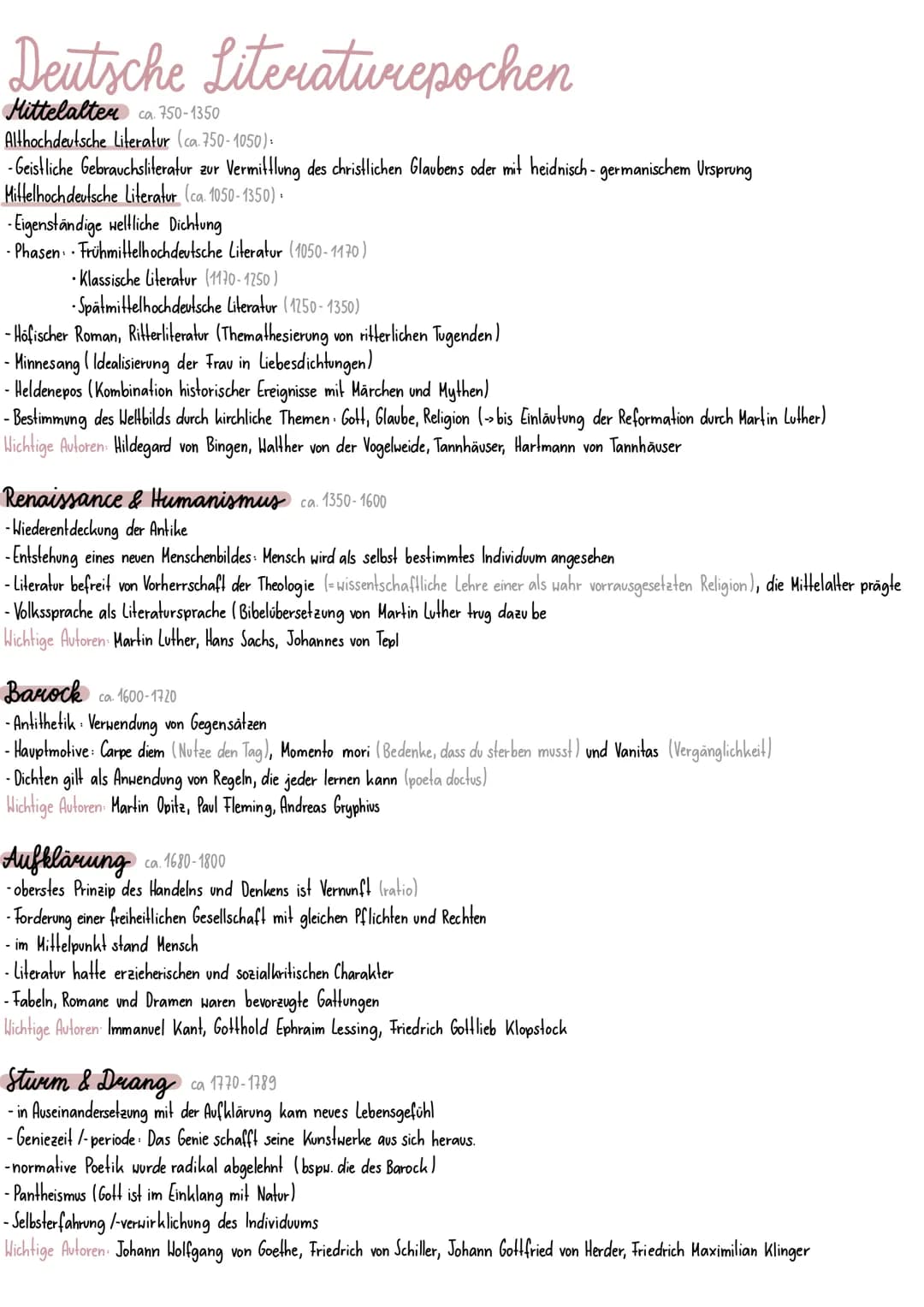 Deutsche Literaturepochen
Mittelalter ca. 750-1350
Althochdeutsche Literatur (ca. 750-1050):
- Geistliche Gebrauchsliteratur zur Vermittlung