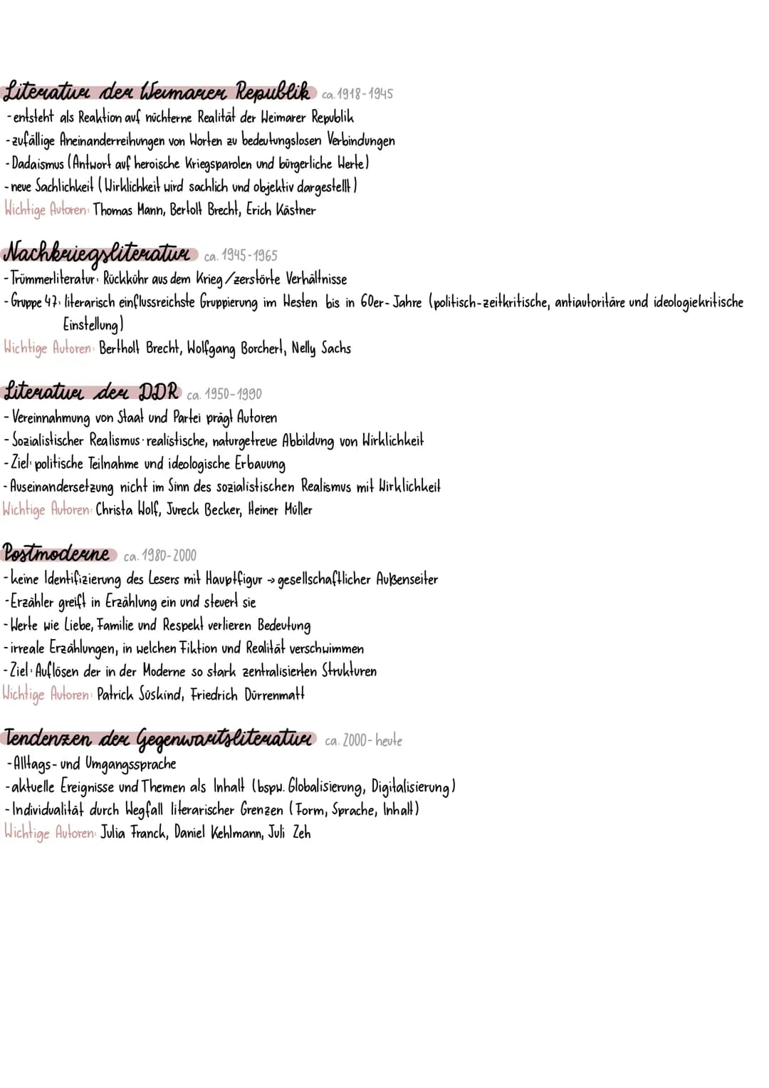 Deutsche Literaturepochen
Mittelalter ca. 750-1350
Althochdeutsche Literatur (ca. 750-1050):
- Geistliche Gebrauchsliteratur zur Vermittlung