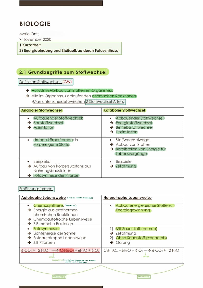  BIOLOGIE
Marie Ontl;
9.November 2020
1.Kurzarbeit
2) Energiebindung und Stoffaufbau durch Fotosynthese
2.1 Grundbegriffe zum Stoffwechsel
D