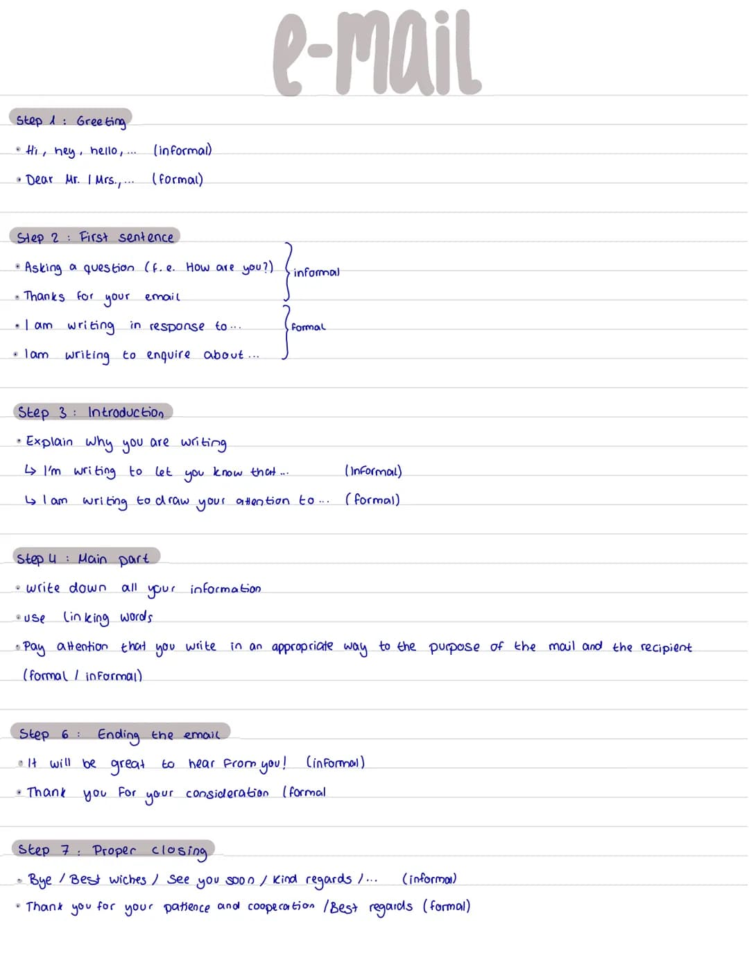 Step 1: Greeting
• Hi, hey, hello,...
(informal)
• Dear Mr. I Mrs.,... (formal)
e-mail
email
Step 2: First sentence.
• Asking a question (f.