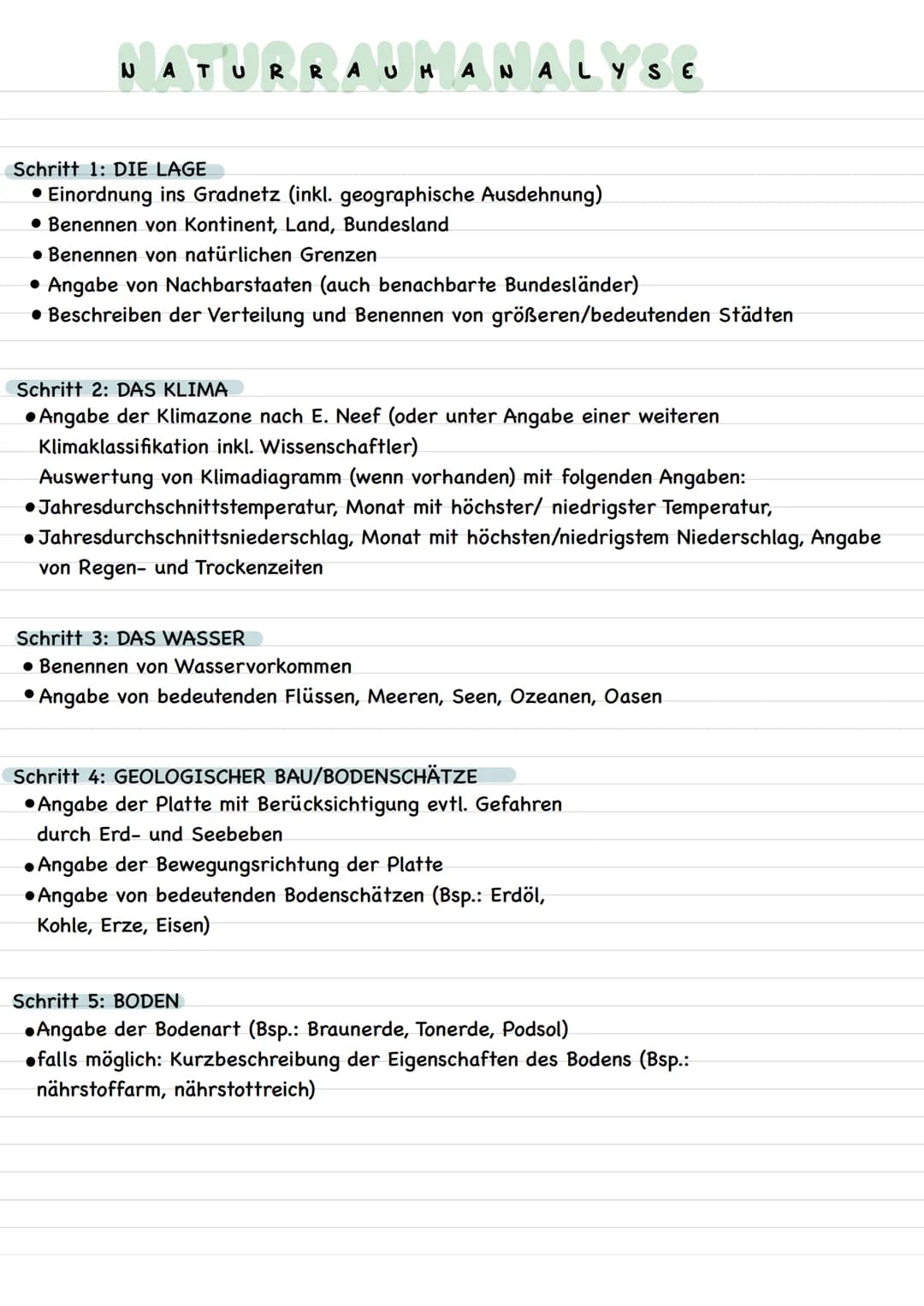NATUR RAUM ANALYSE
Schritt 1: DIE LAGE
• Einordnung ins Gradnetz (inkl. geographische Ausdehnung)
• Benennen von Kontinent, Land, Bundesland