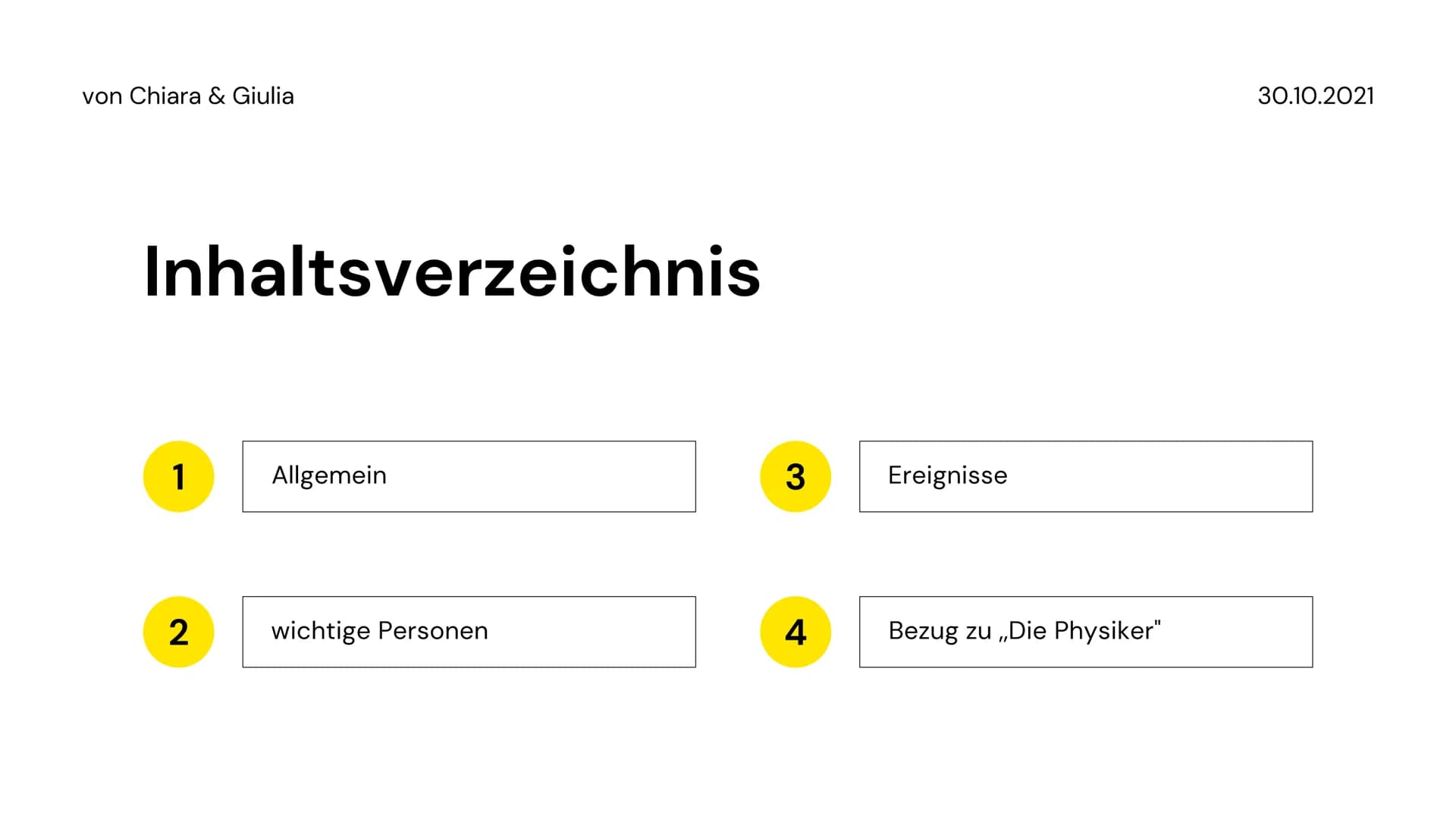 von Chiara & Giulia
Auch im Bezug
zu ,,Die
Physiker"
Kalter Krieg
30.10.2021 von Chiara & Giulia
Inhaltsverzeichnis
1
2
Allgemein
wichtige P
