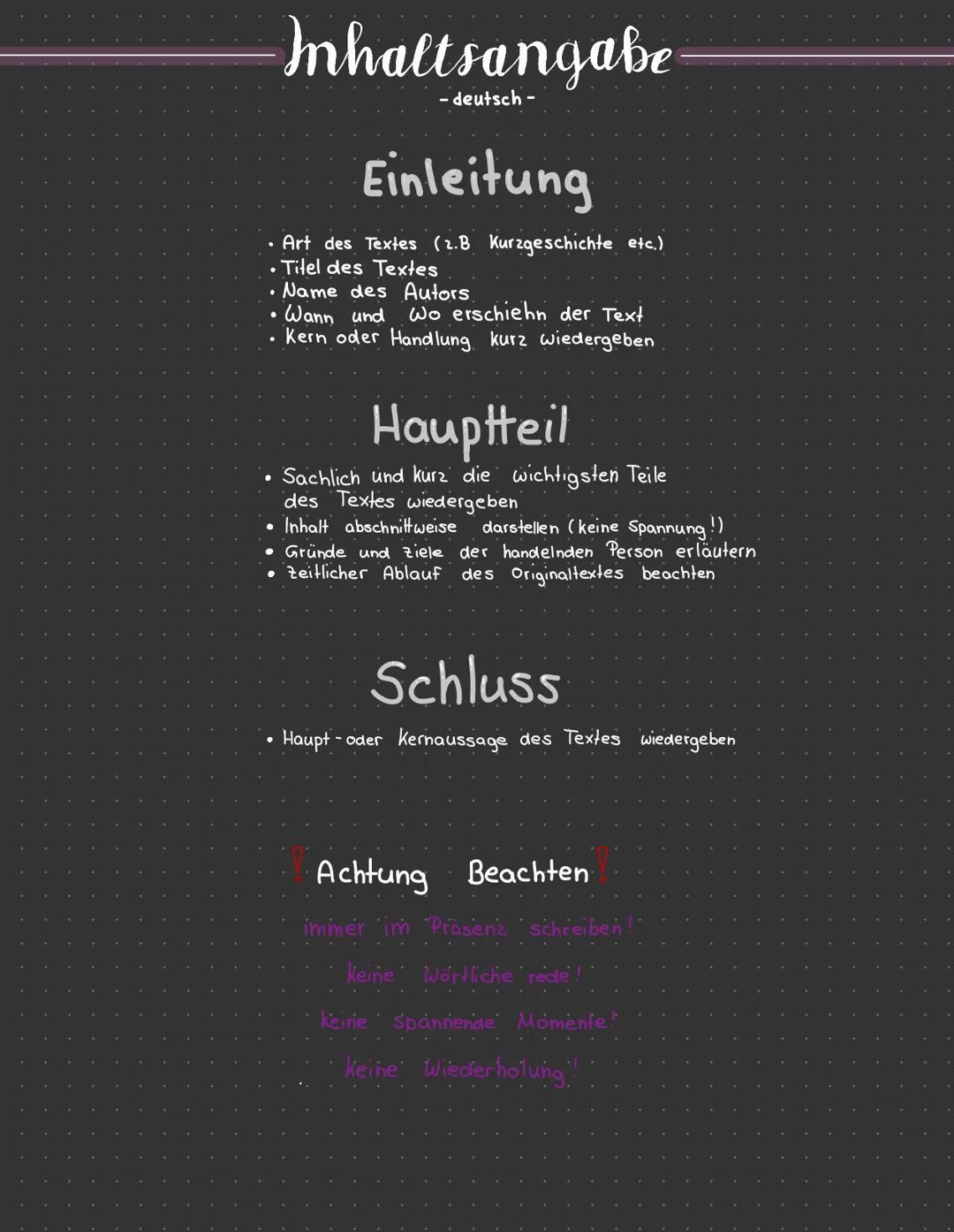# Inhaltsangabe

- deutsch -

## Einleitung

*   Art des Textes (2.B Kurzgeschichte etc.)
*   Titel des Textes
*   Name des Autors
*   Wann 