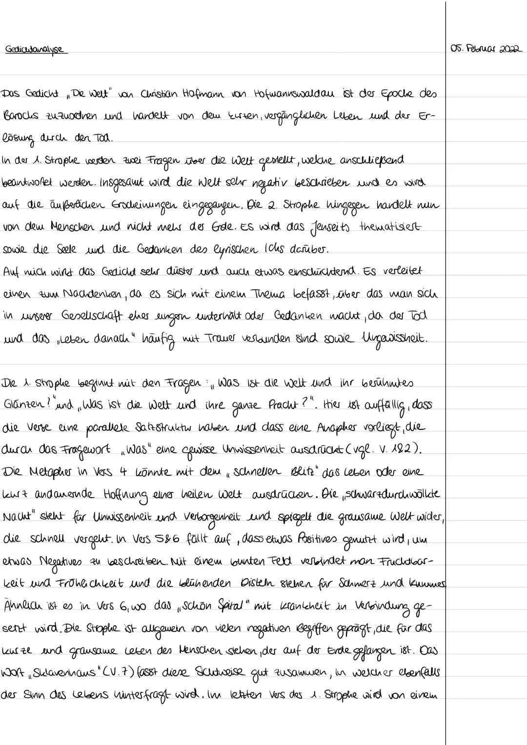 Gedicutanalyse
Das Gedicht 14
, Die Welt" von Christian Hofmann von Hofmannswaldau ist der Epoche des.
Barocks zuzuordnen und handelt von de