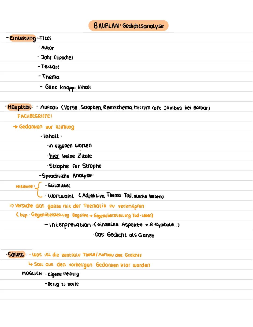 -Einleitung:-Titel
- Autor
- Jahr (Epoche)
- Textart
-Thema
Ganz knapp: Inhalt
-Hauptteil: - Aufbau (Verse. Strophen, Reimschema, Metrum (of