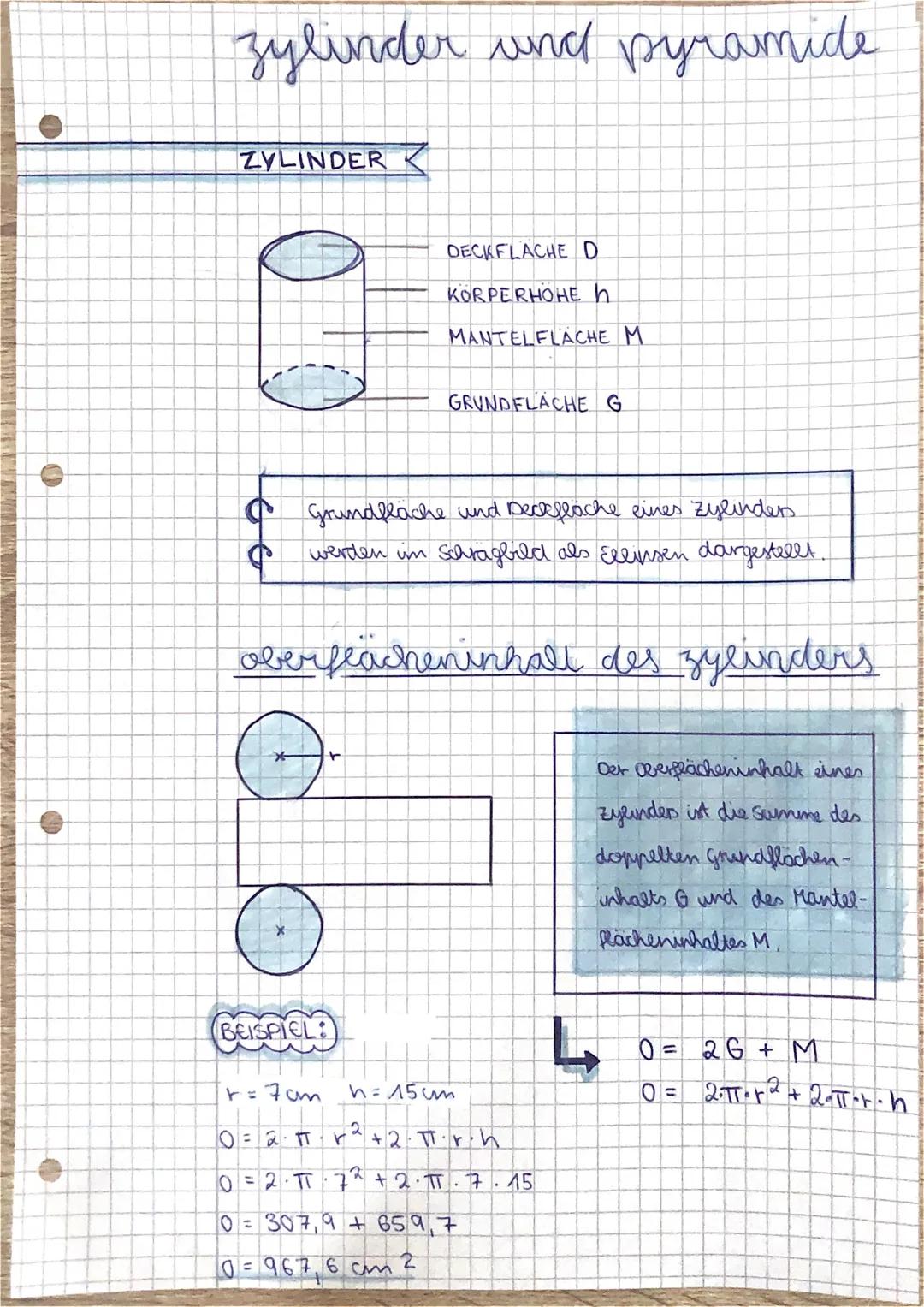 zylinder und pyramide

ZYLINDER<

DECKFLACHE D

KORPERHOHE h

MANTELFLACHE M

GRUNDFLACHE G

Grundfläche und Deceflache eines zylinders
werd